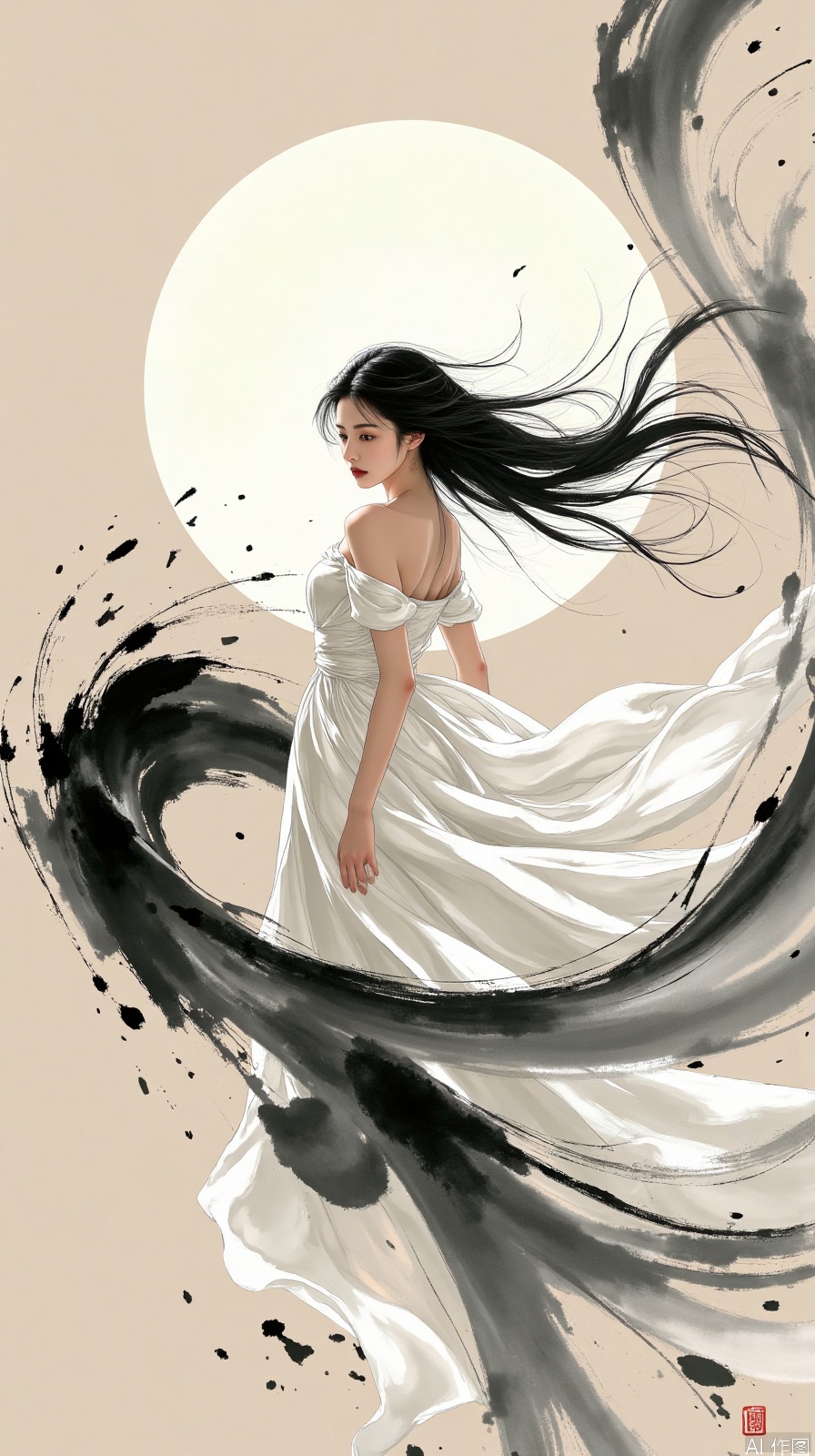 Ink and wash abstract concept blockbuster, girl's moon white dress and ink strokes blend, hair presents a calligraphic white effect, solid color background highlights silk luster, asymmetric composition breaks tradition, high-speed synchronous flash solidified clothing fluctuations