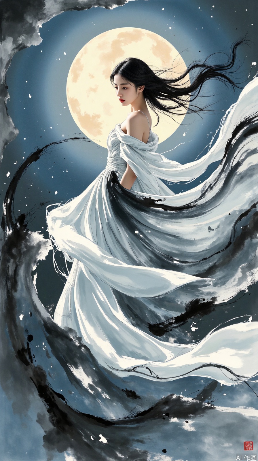 Ink and wash abstract concept blockbuster, girl's moon white dress and ink strokes blend, hair presents a calligraphic white effect, solid color background highlights silk luster, asymmetric composition breaks tradition, high-speed synchronous flash solidified clothing fluctuations