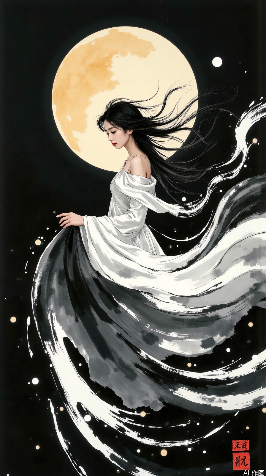 Ink and wash abstract concept blockbuster, girl's moon white dress and ink strokes blend, hair presents a calligraphic white effect, solid color background highlights silk luster, asymmetric composition breaks tradition, high-speed synchronous flash solidified clothing fluctuations