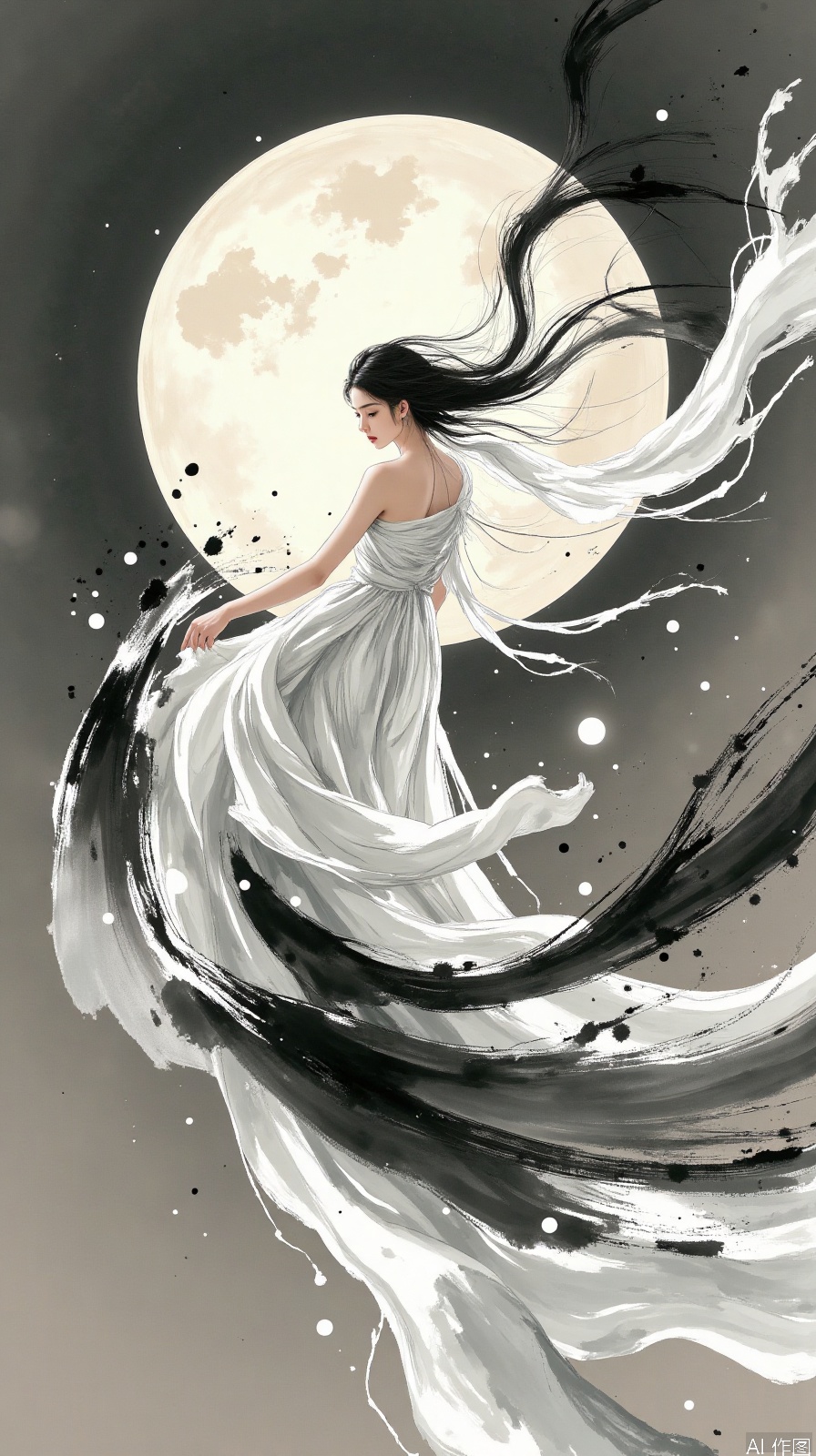 Ink and wash abstract concept blockbuster, girl's moon white dress and ink strokes blend, hair presents a calligraphic white effect, solid color background highlights silk luster, asymmetric composition breaks tradition, high-speed synchronous flash solidified clothing fluctuations
