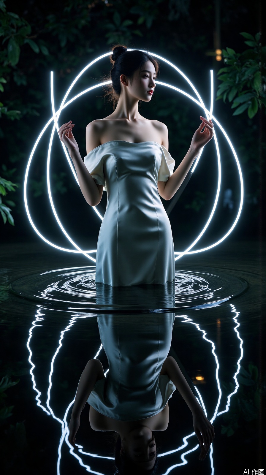 Oriental mirror philosophical composition, girl standing in a round waterscape in an off-shoulder silk outfit, reflection completely replicating the main shape, ring light strengthens the face and clavicle lines, double visual extension of hair, symmetric surreal light