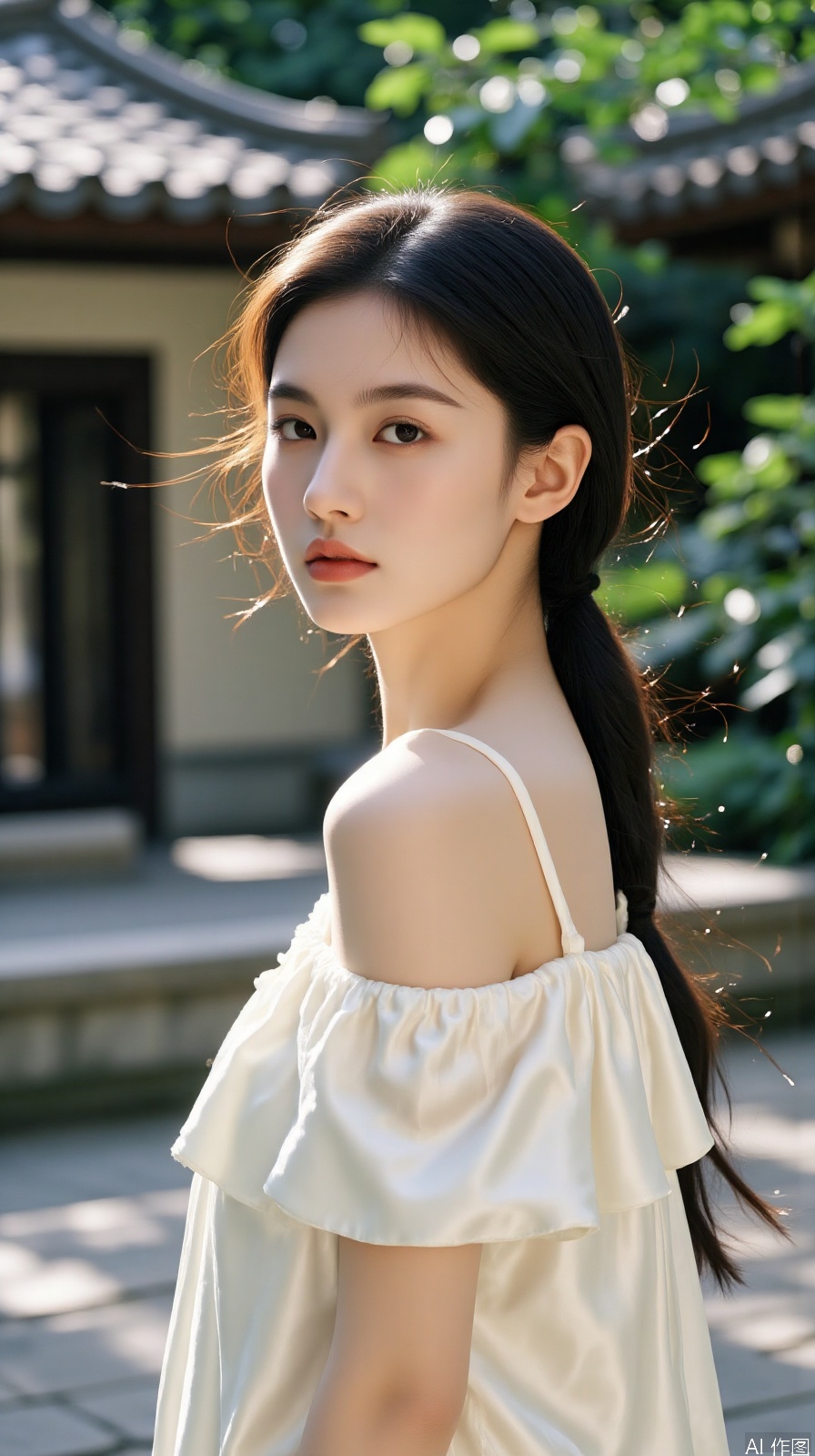 White silk off-shoulder oriental girl