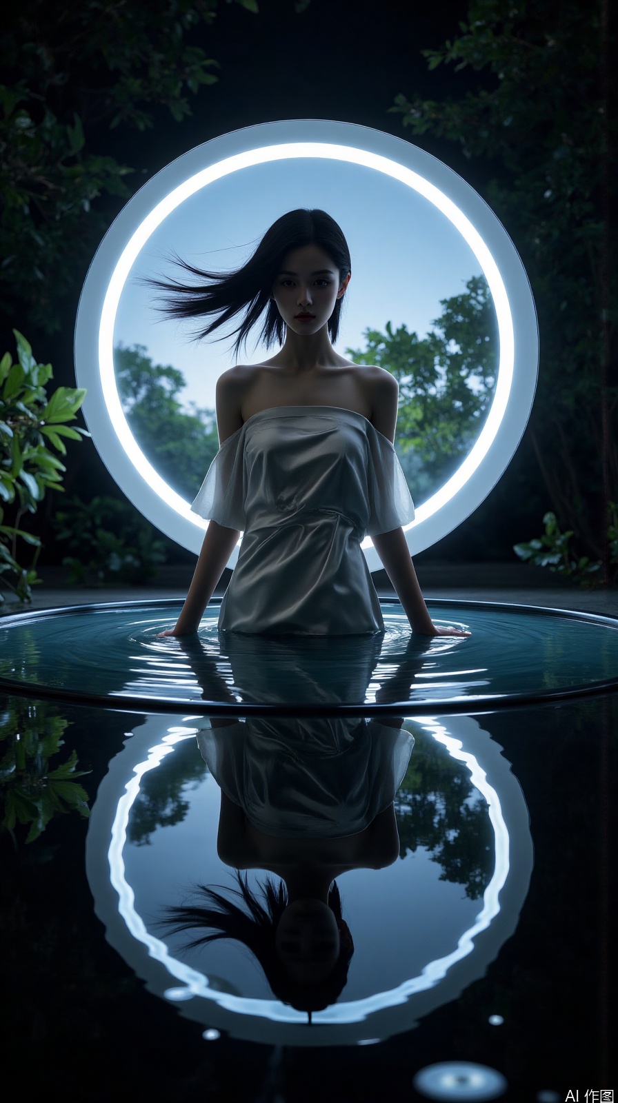 Oriental mirror philosophical composition, girl standing in a round waterscape in an off-shoulder silk outfit, reflection completely replicating the main shape, ring light strengthens the face and clavicle lines, double visual extension of hair, symmetric surreal light
