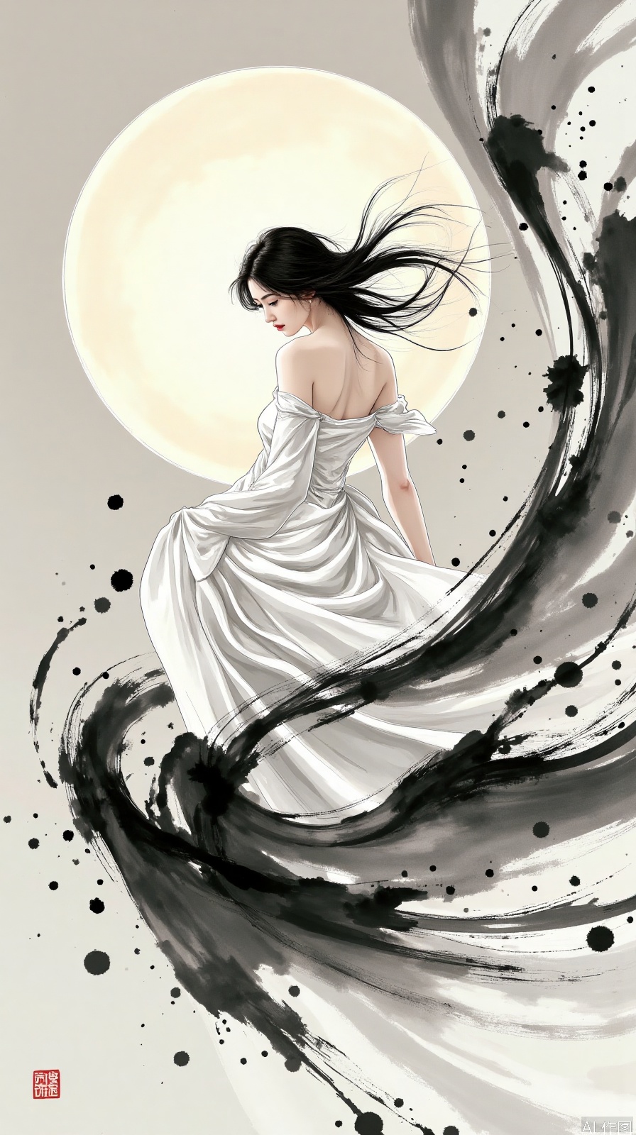 Ink and wash abstract concept blockbuster, girl's moon white dress and ink strokes blend, hair presents a calligraphic white effect, solid color background highlights silk luster, asymmetric composition breaks tradition, high-speed synchronous flash solidified clothing fluctuations