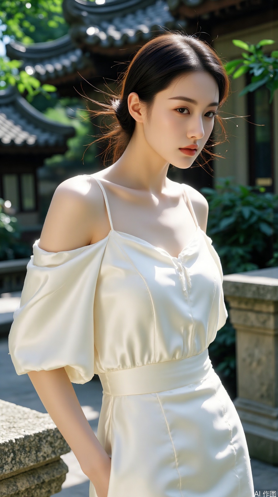 White silk off-shoulder oriental girl
