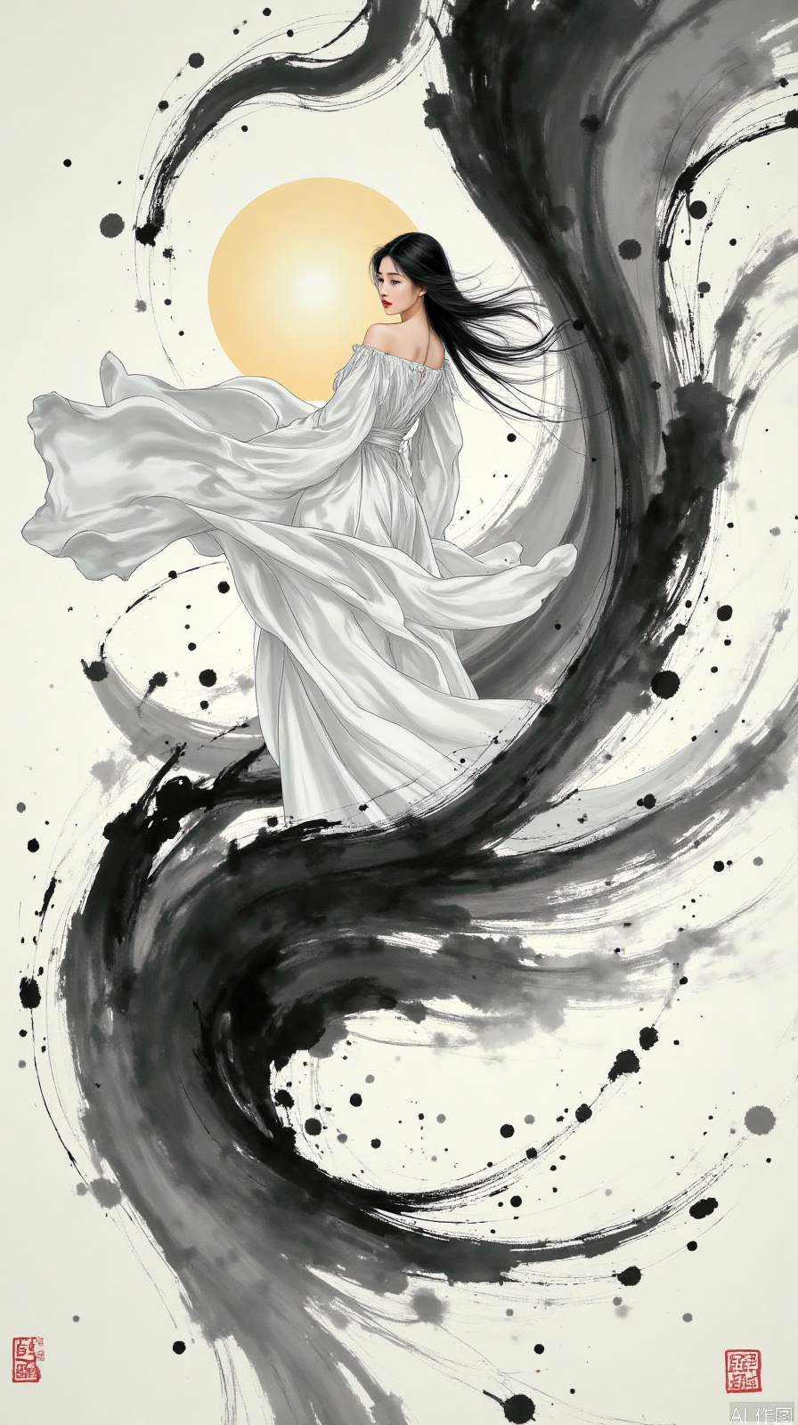 Ink and wash abstract concept blockbuster, girl's moon white dress and ink strokes blend, hair presents a calligraphic white effect, solid color background highlights silk luster, asymmetric composition breaks tradition, high-speed synchronous flash solidified clothing fluctuations
