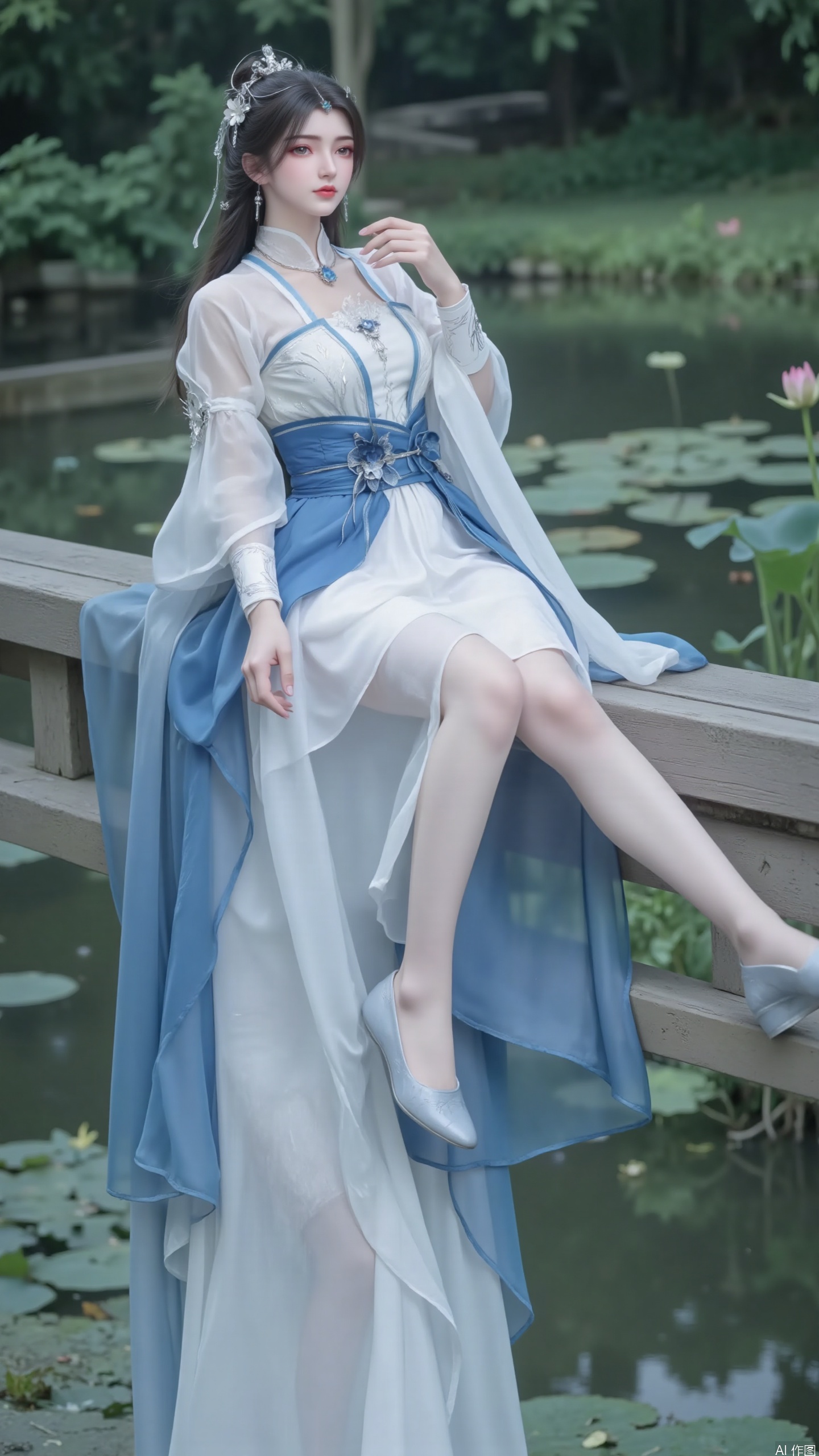 Overall style: High quality, realistic and beautiful ancient style image.
Perspective: Presenting characters in a medium setting, with harmonious and natural proportions.
Action: A young woman elegantly sits sideways on a wooden bridge railing, with one hand lightly touching her collar and the other naturally resting on the railing, in a leisurely posture. Show your legs. Long and slender legs. Nail.
Clothing: Dressed in ancient style clothing that combines traditional and improved elements, with pure white and fresh blue as the main colors. The top is adorned with exquisite embroidery, and the outer layer is a light and flowing same color yarn garment. The waist is tied with a blue silk belt and decorated with flower accessories.
Match: Light blue single mouth flat shoes.
Decoration: Wear a gorgeous silver hair accessory on the head, embellished with blue gemstones, hang simple and exquisite earrings on the ears, and wear a unique necklace around the neck.
Background: Clear and beautiful natural water scenery surrounded by green plants, creating a serene atmosphere. Lotus on the water surface, pink lotus.