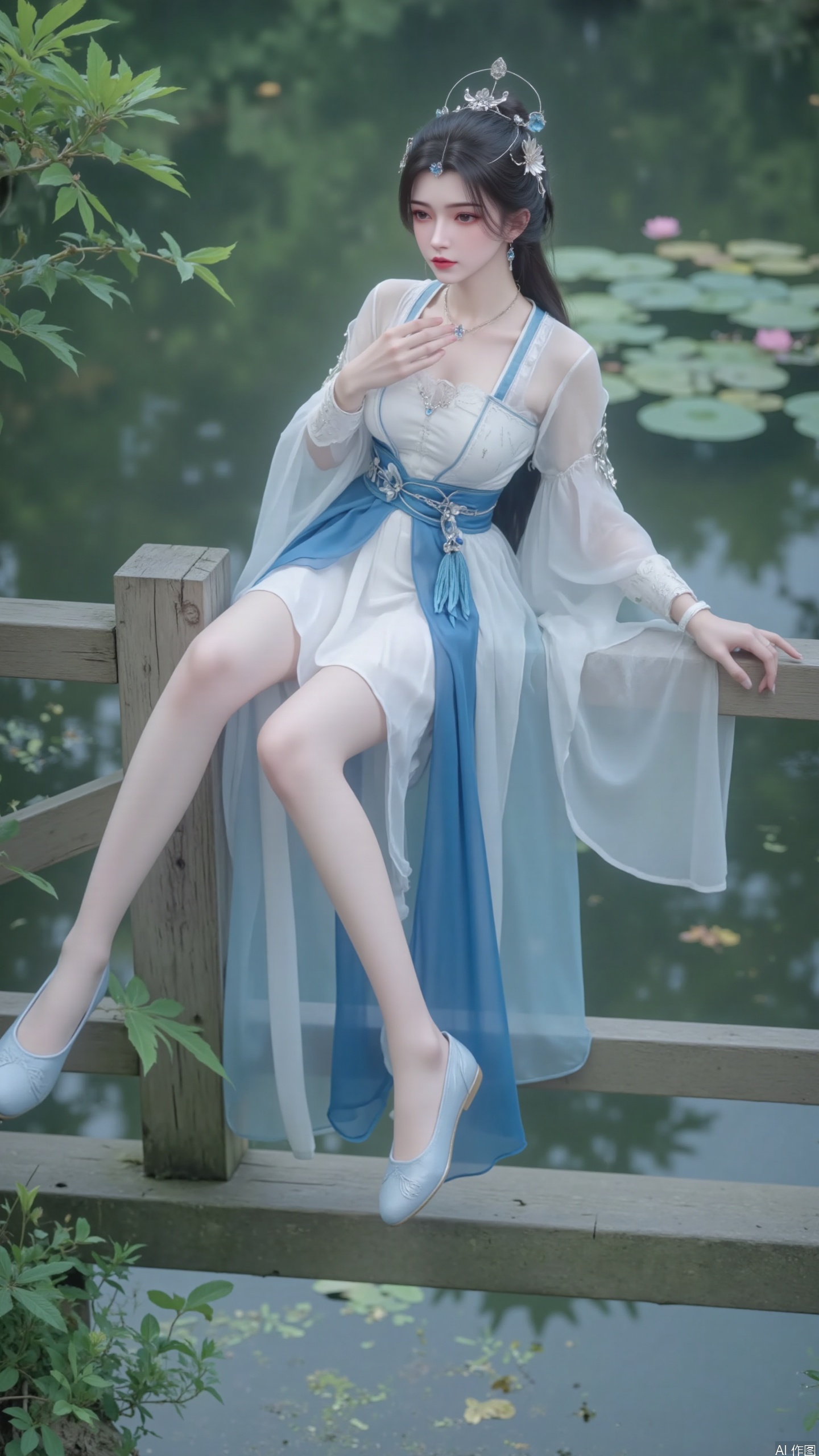 Overall style: High quality, realistic and beautiful ancient style image.
Perspective: Presenting characters in a medium setting, with harmonious and natural proportions.
Action: A young woman elegantly sits sideways on a wooden bridge railing, with one hand lightly touching her collar and the other naturally resting on the railing, in a leisurely posture. Show your legs. Long and slender legs. Nail.
Clothing: Dressed in ancient style clothing that combines traditional and improved elements, with pure white and fresh blue as the main colors. The top is adorned with exquisite embroidery, and the outer layer is a light and flowing same color yarn garment. The waist is tied with a blue silk belt and decorated with flower accessories.
Match: Light blue single mouth flat shoes.
Decoration: Wear a gorgeous silver hair accessory on the head, embellished with blue gemstones, hang simple and exquisite earrings on the ears, and wear a unique necklace around the neck.
Background: Clear and beautiful natural water scenery surrounded by green plants, creating a serene atmosphere. Lotus on the water surface, pink lotus.