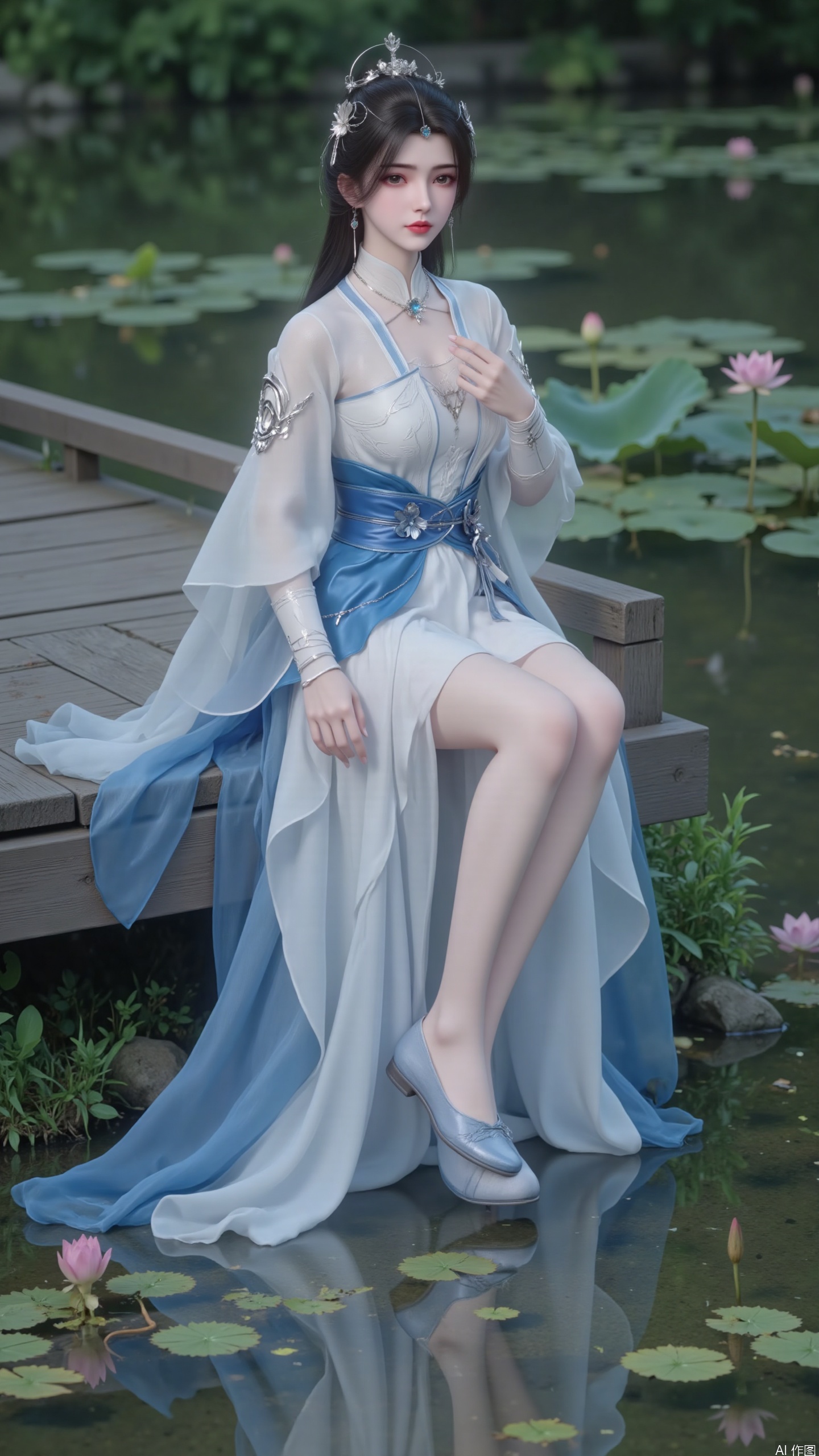 Overall style: High quality, realistic and beautiful ancient style image.Facing the audience.
Perspective: Presenting characters in a medium setting, with harmonious and natural proportions.
Action: A young woman elegantly sits sideways on a wooden bridge railing, with one hand lightly touching her collar and the other naturally resting on the railing, in a leisurely posture. Show your legs. Long and slender legs. Nail.
Clothing: Dressed in ancient style clothing that combines traditional and improved elements, with pure white and fresh blue as the main colors. The top is adorned with exquisite embroidery, and the outer layer is a light and flowing same color yarn garment. The waist is tied with a blue silk belt and decorated with flower accessories.
Match: Light blue single mouth flat shoes.
Decoration: Wear a gorgeous silver hair accessory on the head, embellished with blue gemstones, hang simple and exquisite earrings on the ears, and wear a unique necklace around the neck.
Background: Clear and beautiful natural water scenery surrounded by green plants, creating a serene atmosphere. Lotus on the water surface, pink lotus.,Beauty and Makeup,Fair skinned hands