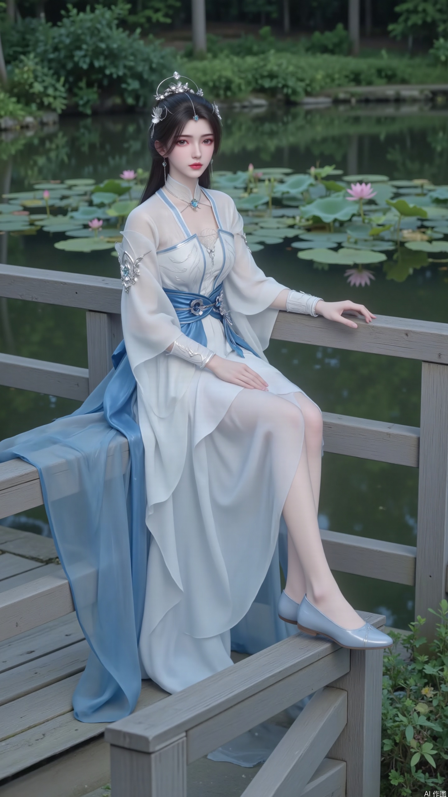 Overall style: High quality, realistic and beautiful ancient style image.Facing the audience.
Perspective: Presenting characters in a medium setting, with harmonious and natural proportions.
Action: A young woman elegantly sits sideways on a wooden bridge railing, with one hand lightly touching her collar and the other naturally resting on the railing, in a leisurely posture. Show your legs. Long and slender legs. Nail.
Clothing: Dressed in ancient style clothing that combines traditional and improved elements, with pure white and fresh blue as the main colors. The top is adorned with exquisite embroidery, and the outer layer is a light and flowing same color yarn garment. The waist is tied with a blue silk belt and decorated with flower accessories.
Match: Light blue single mouth flat shoes.
Decoration: Wear a gorgeous silver hair accessory on the head, embellished with blue gemstones, hang simple and exquisite earrings on the ears, and wear a unique necklace around the neck.
Background: Clear and beautiful natural water scenery surrounded by green plants, creating a serene atmosphere. Lotus on the water surface, pink lotus.,Beauty and Makeup,Fair skinned hands