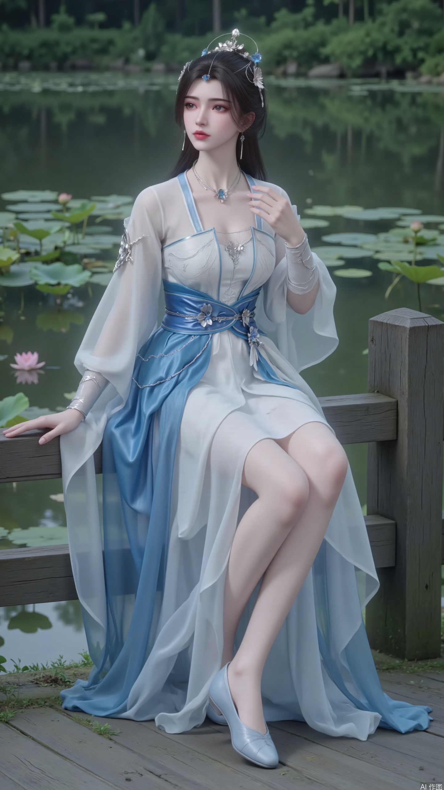 Overall style: High quality, realistic and beautiful ancient style image.Facing the audience.
Perspective: Presenting characters in a medium setting, with harmonious and natural proportions.
Action: A young woman elegantly sits sideways on a wooden bridge railing, with one hand lightly touching her collar and the other naturally resting on the railing, in a leisurely posture. Show your legs. Long and slender legs. Nail.
Clothing: Dressed in ancient style clothing that combines traditional and improved elements, with pure white and fresh blue as the main colors. The top is adorned with exquisite embroidery, and the outer layer is a light and flowing same color yarn garment. The waist is tied with a blue silk belt and decorated with flower accessories.
Match: Light blue single mouth flat shoes.
Decoration: Wear a gorgeous silver hair accessory on the head, embellished with blue gemstones, hang simple and exquisite earrings on the ears, and wear a unique necklace around the neck.
Background: Clear and beautiful natural water scenery surrounded by green plants, creating a serene atmosphere. Lotus on the water surface, pink lotus.,Beauty and Makeup,Fair skinned hands