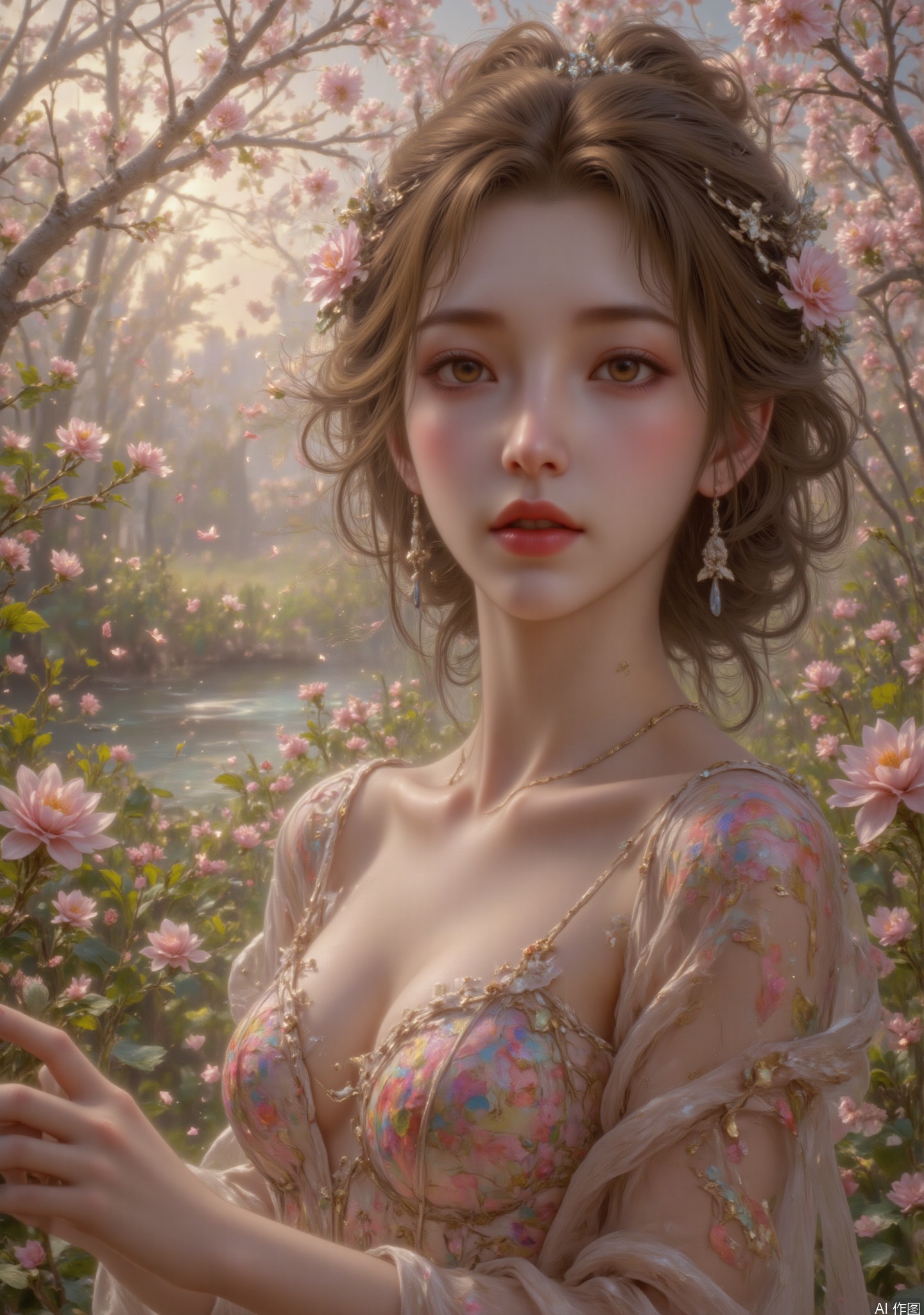((dyeing,oil painting,,impasto,Monet style)),1girl,Flowers, outdoor, half-body photos,European aristocratic girl
