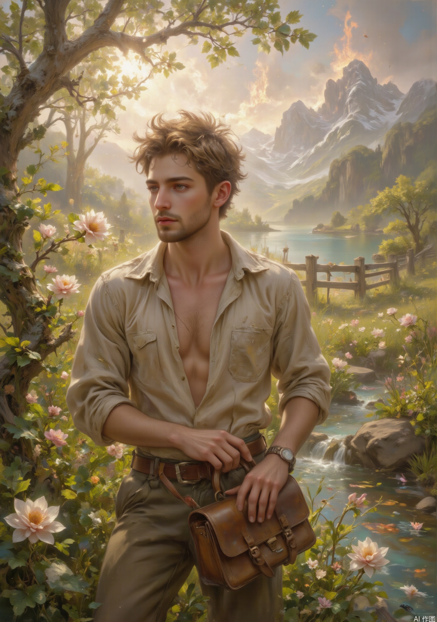 masterpiece, best quality, (impressionist oil painting in Monet's style), (sunlit alpine meadow with wildflowers), a man's half-body portrait against rolling hills, (chiseled jawline with salt-and-pepper stubble), tousled chestnut hair catching golden sunlight, (linen shirt partially unbuttoned), lean physique with weathered hands, (intense hazel eyes with amber flecks), holding a worn leather satchel, (soft golden hour glow bathing his face), (diffused natural light through cottonwood leaves), (water lily pond reflections in distant lake), (impressionist brushstrokes with thick impasto), (blurry mountain range bokeh in misty distance), (celestial patterns on rippling stream), (exquisite skin texture with sun-kissed tones), (romantic ambiance), (airy brushwork), (pastel color palette of sage, indigo, and rose), (depth of field), (realistic oil texture), (balanced composition), (celestial atmosphere), (natural light enhancing details), (subtle morning fog effects), (romanticism style), (lush alpine vegetation in foreground), (detailed rock formations with lichen), (vintage wooden fence with ivy), (light and shadow contrast), (gothic architecture details), (molten sky), (natural light), (romantic style), (soft focus effect), (natural textures), (colorful trout in stream), (hellish sky), (natural beauty), (romantic background), (soft light), (natural elements), (colorful environment), (hellish scene), (natural lighting), (romantic atmosphere), (soft shadows), (natural textures), (colorful magma), (hellish sky), (natural beauty), (romantic style), (soft focus effect), (natural textures), (colorful flames), (molten meadow), (natural light rays), (romantic style), (soft focus), (natural beauty)