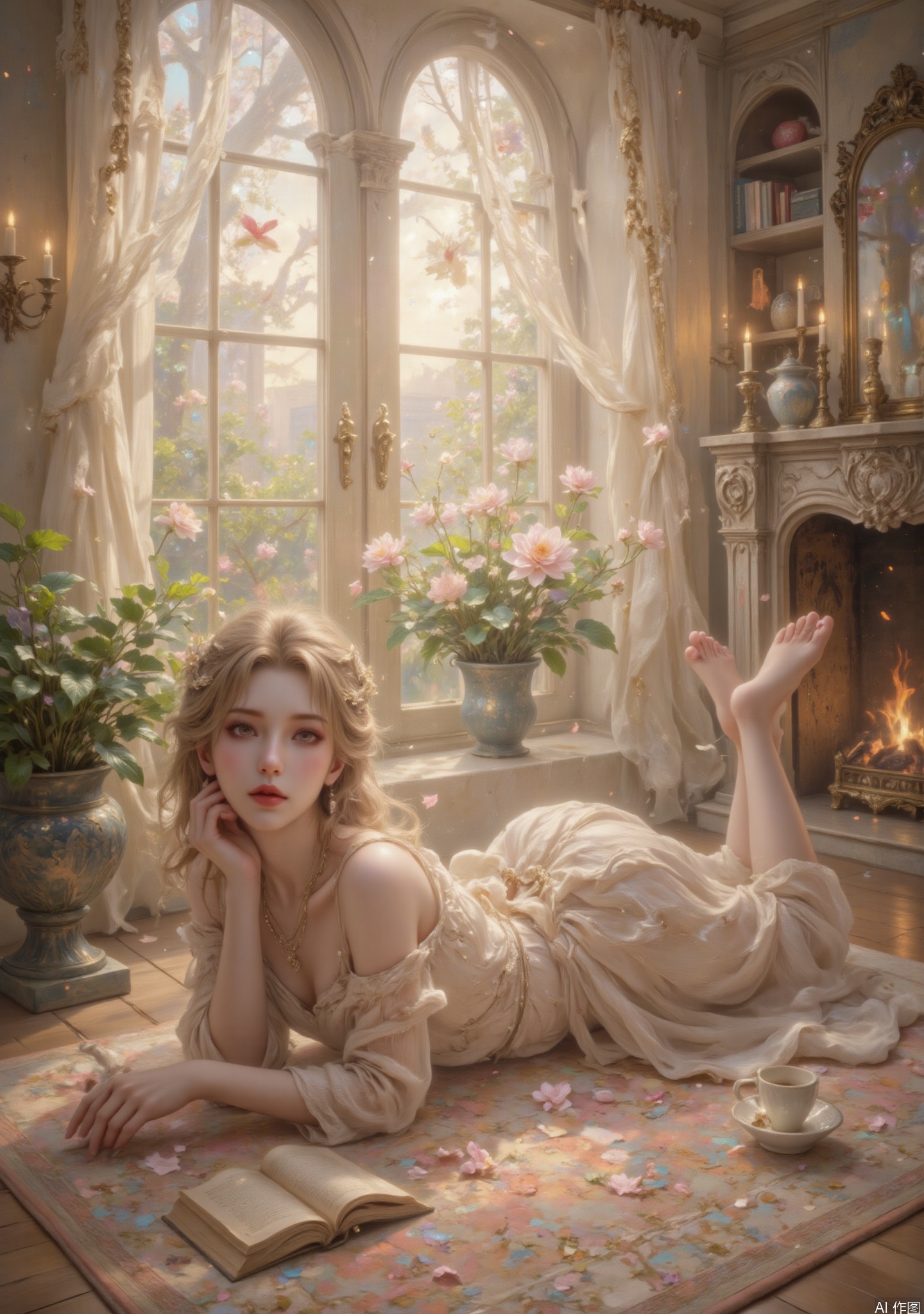 masterpiece, best quality, (impressionist oil painting in Monet's style), (sunlit Parisian flat with lace curtains), a sleeping girl lying on her side in ivory linen dress, (golden curls splayed across floorboards), porcelain skin with pink blush, (long lashes resting on cheeks), hands folded under chin, (flowing dress with ruffled sleeves), delicate gold necklace catching sunlight, (oversized cardigan draped over shoulders), (scattered books and teacup nearby), (soft golden hour light bathing her figure), (diffused natural light through sheer curtains), (water lily pond reflections in window), (impressionist brushstrokes with thick impasto), (blurry bookshelf bokeh in background), (celestial patterns on Persian rug), (exquisite fabric texture with thread shadows), (romantic ambiance), (airy brushwork), (pastel color palette of cream, rose, and indigo), (depth of field), (realistic oil texture), (balanced composition), (celestial atmosphere), (natural light enhancing details), (subtle dust motes in air), (romanticism style), (lush potted ferns in corner), (detailed marble fireplace with flickering candles), (light and shadow contrast), (gothic architecture details), (molten sky), (natural light), (romantic style), (soft focus effect), (natural textures), (colorful koi fish), (hellish sky), (natural beauty), (romantic background), (soft light), (natural elements), (colorful environment), (hellish scene), (natural lighting), (romantic atmosphere), (soft shadows), (natural textures), (colorful magma), (hellish sky), (natural beauty), (romantic style), (soft focus effect), (natural textures), (colorful flames), (molten meadow), (natural light rays), (romantic style), (soft focus), (natural beauty), (colorful magma), (hellish sky), (natural environment), (romantic background), (soft light), (natural elements), (colorful flames), (hellish scene), (natural lighting), (romantic atmosphere), (soft shadows), (natural textures), (colorful magma), (hellish sky), (natural beauty), (romantic style), (soft focus effect), (natural textures), (colorful flames), (molten meadow), (natural light rays), (romantic style), (soft focus), (natural beauty), (colorful magma), (hellish sky), (natural environment), (romantic background), (soft light), (natural elements), (colorful flames), (hellish scene), (natural lighting), (romantic atmosphere), (soft shadows), (natural textures), (colorful magma), (hellish sky), (natural beauty), (romantic style), (soft focus effect), (natural textures), (colorful flames), (molten meadow), (natural light rays), (romantic style), (soft focus), (natural beauty), (colorful magma), (hellish sky), (natural environment), (romantic background), (soft light),