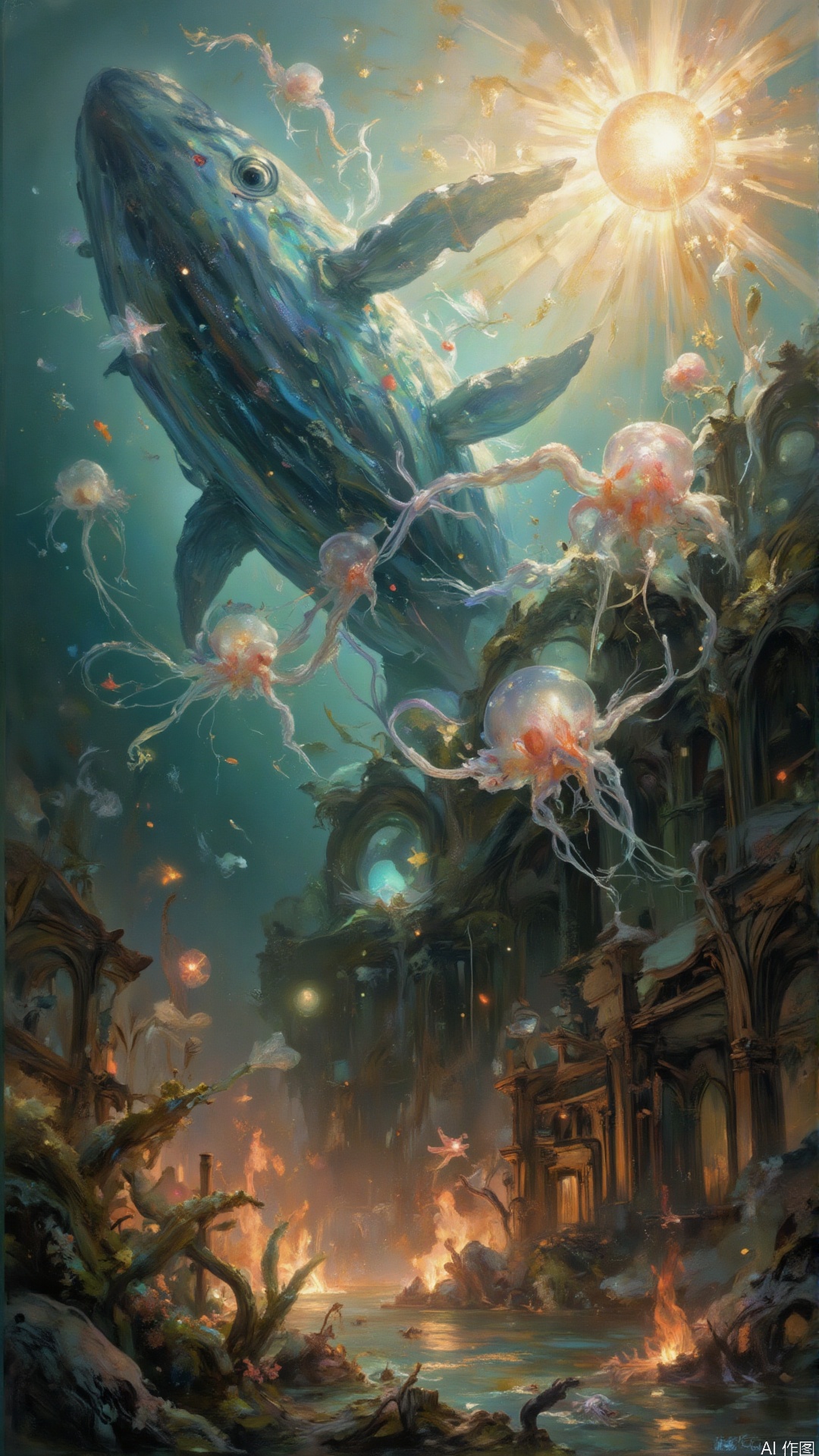 masterpiece, best quality, (impressionist oil painting in Monet's style), (sunlit ocean depths with bioluminescent plankton), a colossal blue whale breaching the surface, (iridescent scales shimmering in golden light), (diffused underwater lighting creating prism effects), schools of neon fish darting around its fluke, (translucent jellyfish trailing glowing tentacles), (dappled sunlight filtering through waves), soft golden hour lighting, (impressionist brushstrokes with thick impasto), (blurry ocean floor bokeh in background), (celestial patterns on water surface), (exquisite skin texture with barnacle clusters), (romantic ambiance), (airy brushwork), (pastel color palette of indigo, coral, and jade), (depth of field), (realistic oil texture), (balanced composition), (celestial atmosphere), (natural light enhancing details), (subtle underwater mist effects), (romanticism style), (lush seaweed forests in foreground), (detailed wave formations), (vintage shipwreck with rusted portholes), (light and shadow contrast), (gothic architecture details), (molten sky), (natural light), (romantic style), (soft focus effect), (natural textures), (colorful starfish), (hellish sky), (natural beauty), (romantic background), (soft light), (natural elements), (colorful environment), (hellish scene), (natural lighting), (romantic atmosphere), (soft shadows), (natural textures), (colorful magma), (hellish sky), (natural beauty), (romantic style), (soft focus effect), (natural textures), (colorful flames), (molten meadow), (natural light rays), (romantic style), (soft focus), (natural beauty), (colorful magma), (hellish sky), (natural environment), (romantic background), (soft light), (natural elements), (colorful flames), (hellish scene), (natural lighting), (romantic atmosphere), (soft shadows), (natural textures), (colorful magma), (hellish sky), (natural beauty), (romantic style), (soft focus effect), (natural textures), (colorful flames), (molten meadow), (natural light rays), (romantic style), (soft focus), (natural beauty), (colorful magma), (hellish sky), (natural environment), (romantic background), (soft light), (natural elements), (colorful flames), (hellish scene), (natural lighting), (romantic atmosphere), (soft shadows), (natural textures), (colorful magma), (hellish sky), (natural beauty), (romantic style), (soft focus effect), (natural textures), (colorful flames), (molten meadow), (natural light rays), (romantic style), (soft focus), (natural beauty), (colorful magma), (hellish sky), (natural environment), (romantic background), (soft light), (natural elements), (colorful flames), (hellish scene), (natural lighting), (romantic atmosphere), (soft shadows), (natural textures), (colorful magma), (hellish sky), (natural beauty), (romantic style)