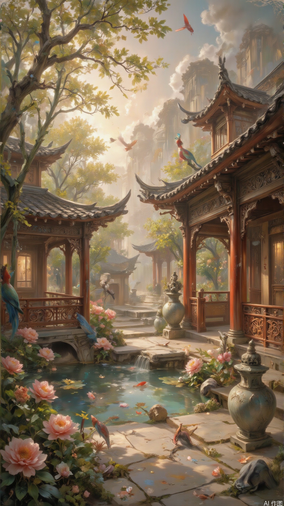 masterpiece, best quality, (impressionist oil painting in Monet's style), (sunlit traditional Chinese courtyard), intricate wooden pavilions with upturned eaves, (red lacquered columns), carved lattice windows, (stone pathways lined with blooming peonies), water lilies floating in a marble pond, (swaying bamboo groves), (dappled sunlight through ginkgo leaves), soft golden hour lighting, (diffused natural light), (impressionist brushstrokes with thick impasto), (blurry garden bokeh in background), (celestial patterns on stone lanterns), (exquisite tile roofs with auspicious animal statues), (exotic parrots perched on stone railings), (romantic ambiance), (airy brushwork), (pastel color palette of indigo, coral, and jade), (depth of field), (realistic oil texture), (balanced composition), (celestial atmosphere), (natural light enhancing details), (subtle mist effects), (romanticism style), (lush peony blooms in foreground), (detailed stone carvings), (vintage ceramic vases with calligraphy), (light and shadow contrast), (gothic architecture details), (molten sky), (natural light), (romantic style), (soft focus effect), (natural textures), (colorful koi fish), (hellish sky), (natural beauty), (romantic background), (soft light), (natural elements), (colorful environment), (hellish scene), (natural lighting), (romantic atmosphere), (soft shadows), (natural textures), (colorful magma), (hellish sky), (natural beauty), (romantic style), (soft focus effect), (natural textures), (colorful flames), (molten meadow), (natural light rays), (romantic style), (soft focus), (natural beauty), (colorful magma), (hellish sky), (natural environment), (romantic background), (soft light), (natural elements), (colorful flames), (hellish scene), (natural lighting), (romantic atmosphere), (soft shadows), (natural textures), (colorful magma), (hellish sky), (natural beauty), (romantic style), (soft focus effect), (natural textures), (colorful flames), (molten meadow), (natural light rays), (romantic style), (soft focus), (natural beauty), (colorful magma), (hellish sky)
