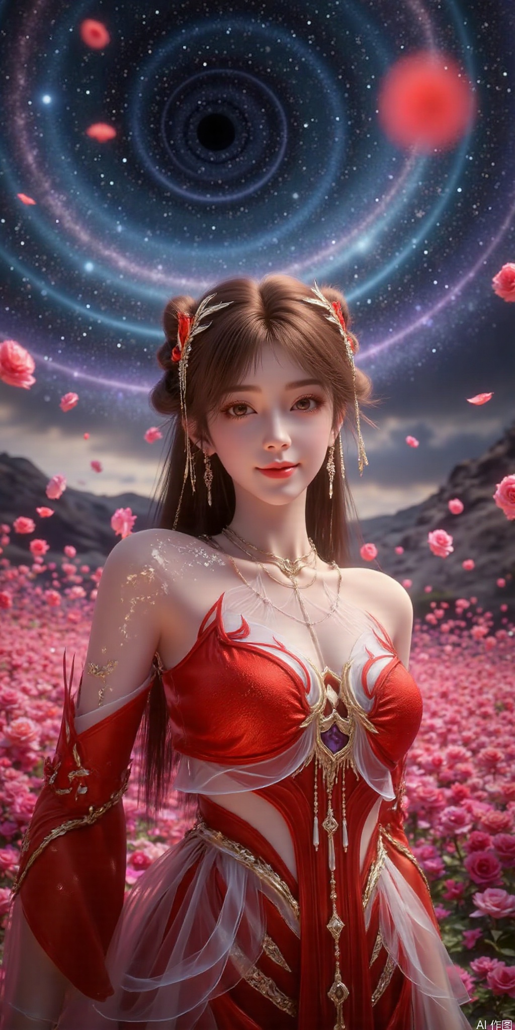 , DSLR Quality,Depth of field ,looking_at_viewer,Dynamic pose, , kind smile,1girl , 8k resolution, Masterpiece quality, High detail. from below, Fantasy theme, cropped. {(1 girl:1.5),(close to viewer:1.8), ((looking at viewer:2), beautiful face, ), ((worm's eye shot:1.2)),perspective distortion}, (Panoramic view, fisheye lens effect:1.1). {(Strong backlighting, underexposure:1.4), (blocked shadows:0.8), depth of field(at 100mm focal length:1.2)}, (horizon:0.7), low key earth. the starry sky feathering into the background, creating a sense of depth and gradient. Incorporating Droste Effect(an endless repetition and reflection:1.2). Surrounded by fluttering rose petals, reflected or casting dramatic shadows and highlights, {(meteor shower, planets:1.1), (Vermilion Comet:1.3)}. mesmerizing effect, a dreamlike ambiance of infinity. A vortex of rose petals, a starry sky vortex, , as, vortex, tyjf,huolinger,brown hair,hair ornament,red dress