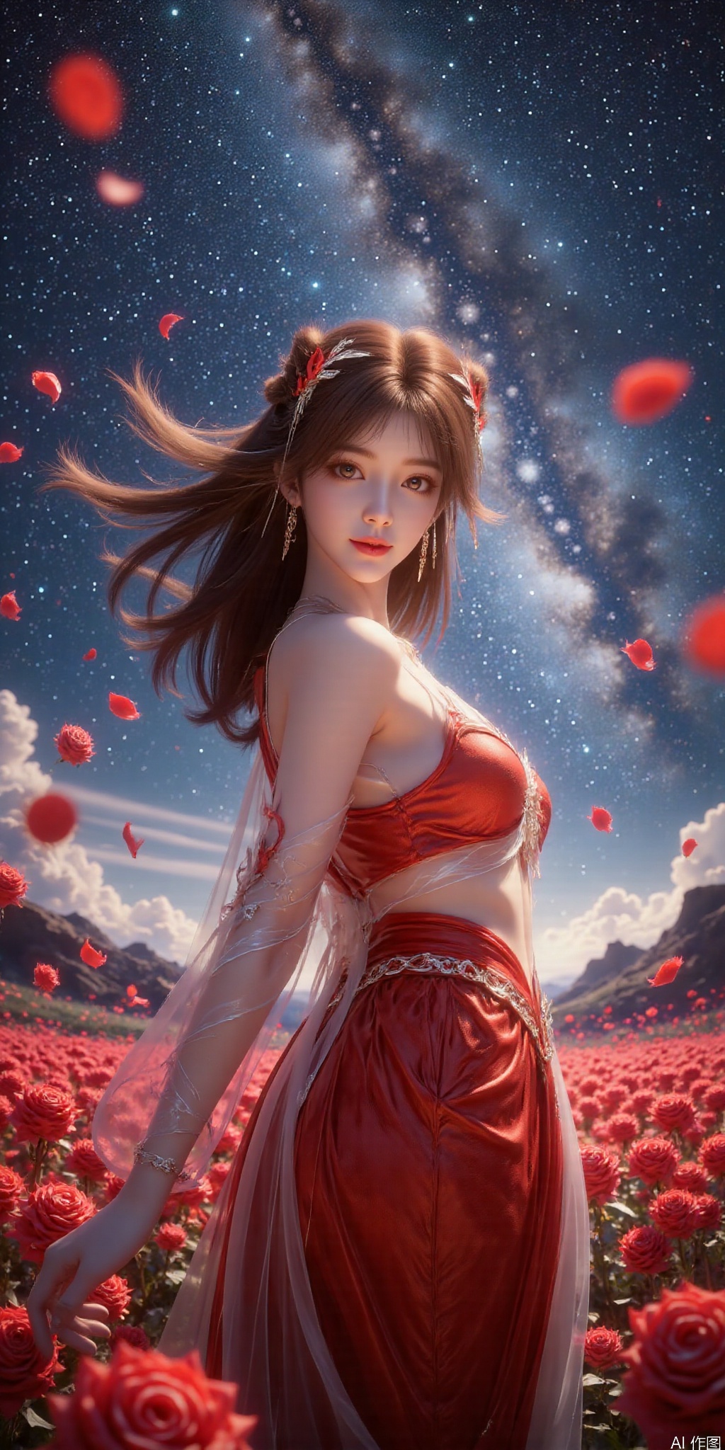, DSLR Quality,Depth of field ,looking_at_viewer,Dynamic pose, , kind smile,1girl , 8k resolution, Masterpiece quality, High detail. from below, Fantasy theme, cropped. {(1 girl:1.5),(close to viewer:1.8), ((looking at viewer:2), beautiful face, ), ((worm's eye shot:1.2)),perspective distortion}, (Panoramic view, fisheye lens effect:1.1). {(Strong backlighting, underexposure:1.4), (blocked shadows:0.8), depth of field(at 100mm focal length:1.2)}, (horizon:0.7), low key earth. the starry sky feathering into the background, creating a sense of depth and gradient. Incorporating Droste Effect(an endless repetition and reflection:1.2). Surrounded by fluttering rose petals, reflected or casting dramatic shadows and highlights, {(meteor shower, planets:1.1), (Vermilion Comet:1.3)}. mesmerizing effect, a dreamlike ambiance of infinity. A vortex of rose petals, a starry sky vortex, , as, vortex, tyjf,huolinger,brown hair,hair ornament,red dress