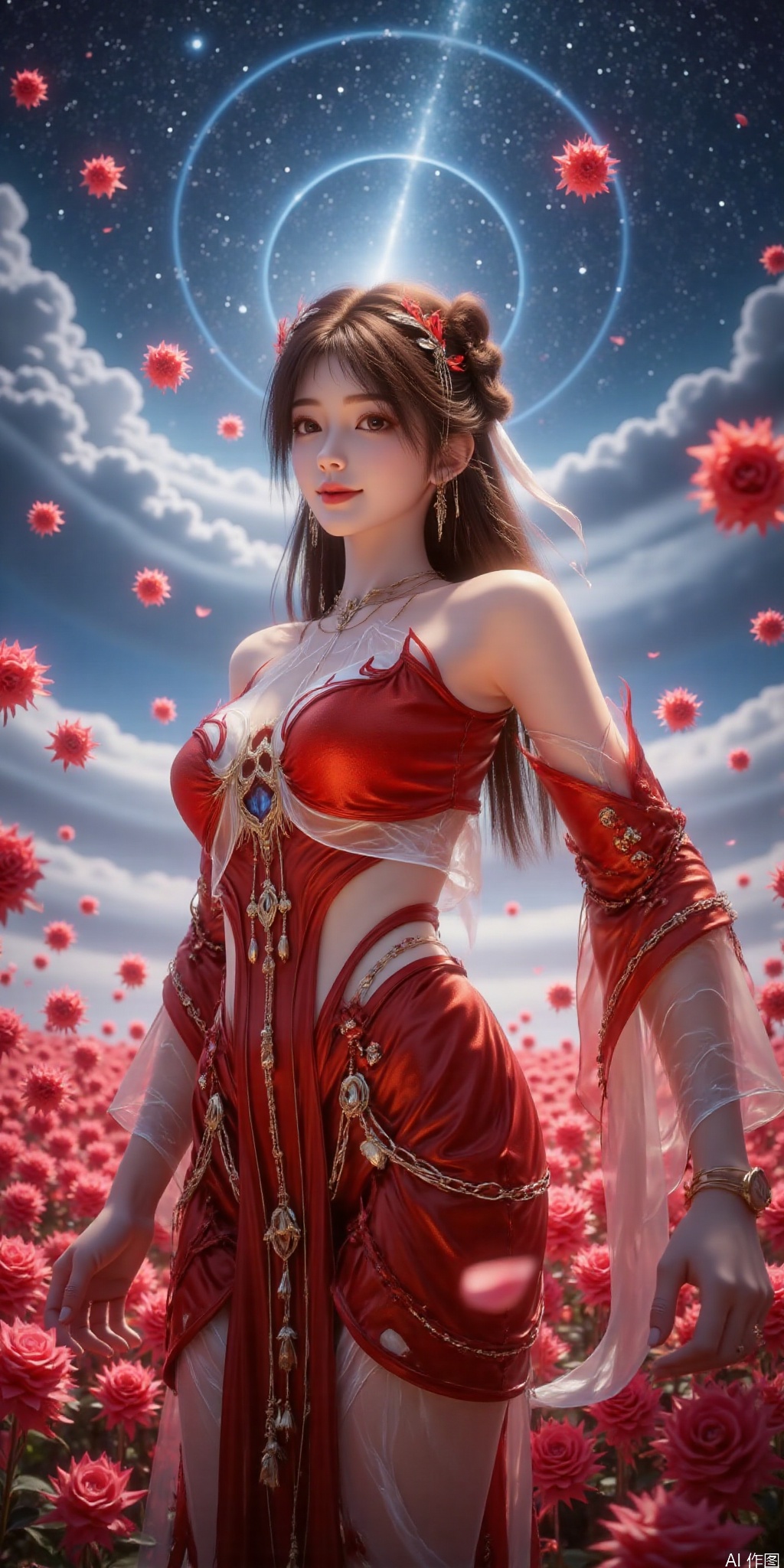 , DSLR Quality,Depth of field ,looking_at_viewer,Dynamic pose, , kind smile,1girl , 8k resolution, Masterpiece quality, High detail. from below, Fantasy theme, cropped. {(1 girl:1.5),(close to viewer:1.8), ((looking at viewer:2), beautiful face, ), ((worm's eye shot:1.2)),perspective distortion}, (Panoramic view, fisheye lens effect:1.1). {(Strong backlighting, underexposure:1.4), (blocked shadows:0.8), depth of field(at 100mm focal length:1.2)}, (horizon:0.7), low key earth. the starry sky feathering into the background, creating a sense of depth and gradient. Incorporating Droste Effect(an endless repetition and reflection:1.2). Surrounded by fluttering rose petals, reflected or casting dramatic shadows and highlights, {(meteor shower, planets:1.1), (Vermilion Comet:1.3)}. mesmerizing effect, a dreamlike ambiance of infinity. A vortex of rose petals, a starry sky vortex, , as, vortex, tyjf,huolinger,brown hair,hair ornament,red dress
