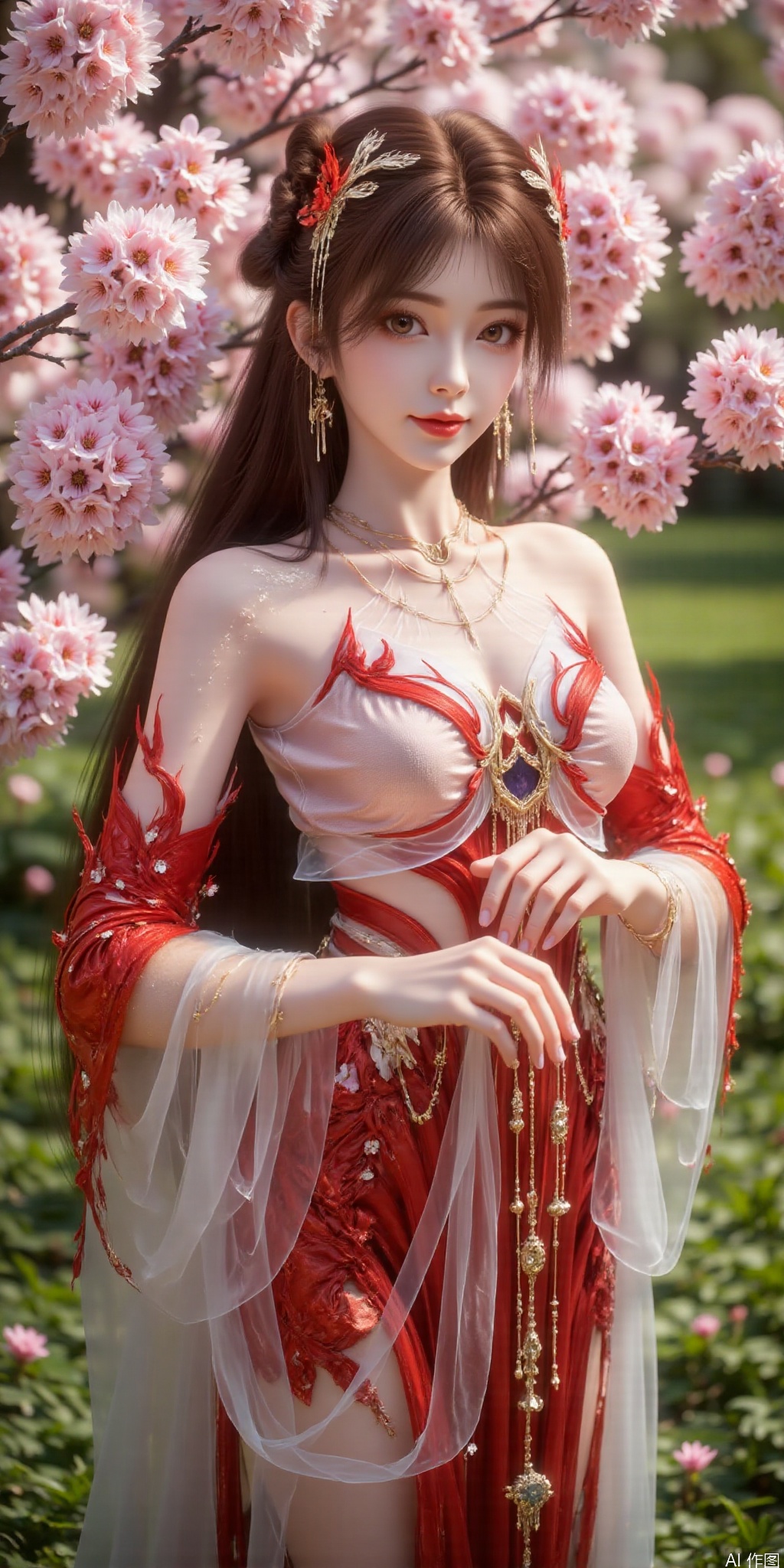 surreal warm cinematic full body shot photography, Kodak Professional Portra 160, 1girl,looking_at_viewer,navel, ,kind smile,. ,, ,realistic,,pose for picture,Dynamic posture, ,
(Soft Lighting Photography by Mimoza Veliu and Mario Giacomelli:1.2), 
,, The photo depicts a surreal, haunting and ethereal scene featuring a  girl with pale, almost translucent skin. 
The girl has long, flowing  hair that cascades down the back .
Her hair is adorned with vibrant pink flowers, which blend seamlessly with the surrounding environment. The girl's body is covered in delicate, 
floral tattoos that extend from the arms and torso, mimicking the appearance of real flowers growing organically from the skin. 
These tattoos are detailed with various shades of pink and green, adding to the overall botanical theme. , providing a striking contrast to the woman's pale skin and the pink flowers. 
The scene is further enhanced by the presence of cherry blossom branches, which are interwoven with the woman's hair and body, creating a harmonious and dreamlike atmosphere. 
The woman's face is serene, a gentle expression, contributing to the tranquil and otherworldly mood of the image. 
The overall composition is highly detailed and visually captivating, blending elements of fantasy and nature in a harmonious and artistic manner.,huolinger,brown hair,hair ornament,red dress