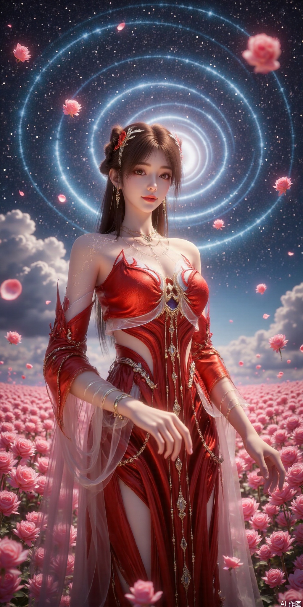 , DSLR Quality,Depth of field ,looking_at_viewer,Dynamic pose, , kind smile,1girl , 8k resolution, Masterpiece quality, High detail. from below, Fantasy theme, cropped. {(1 girl:1.5),(close to viewer:1.8), ((looking at viewer:2), beautiful face, ), ((worm's eye shot:1.2)),perspective distortion}, (Panoramic view, fisheye lens effect:1.1). {(Strong backlighting, underexposure:1.4), (blocked shadows:0.8), depth of field(at 100mm focal length:1.2)}, (horizon:0.7), low key earth. the starry sky feathering into the background, creating a sense of depth and gradient. Incorporating Droste Effect(an endless repetition and reflection:1.2). Surrounded by fluttering rose petals, reflected or casting dramatic shadows and highlights, {(meteor shower, planets:1.1), (Vermilion Comet:1.3)}. mesmerizing effect, a dreamlike ambiance of infinity. A vortex of rose petals, a starry sky vortex, , as, vortex, tyjf,huolinger,brown hair,hair ornament,red dress
