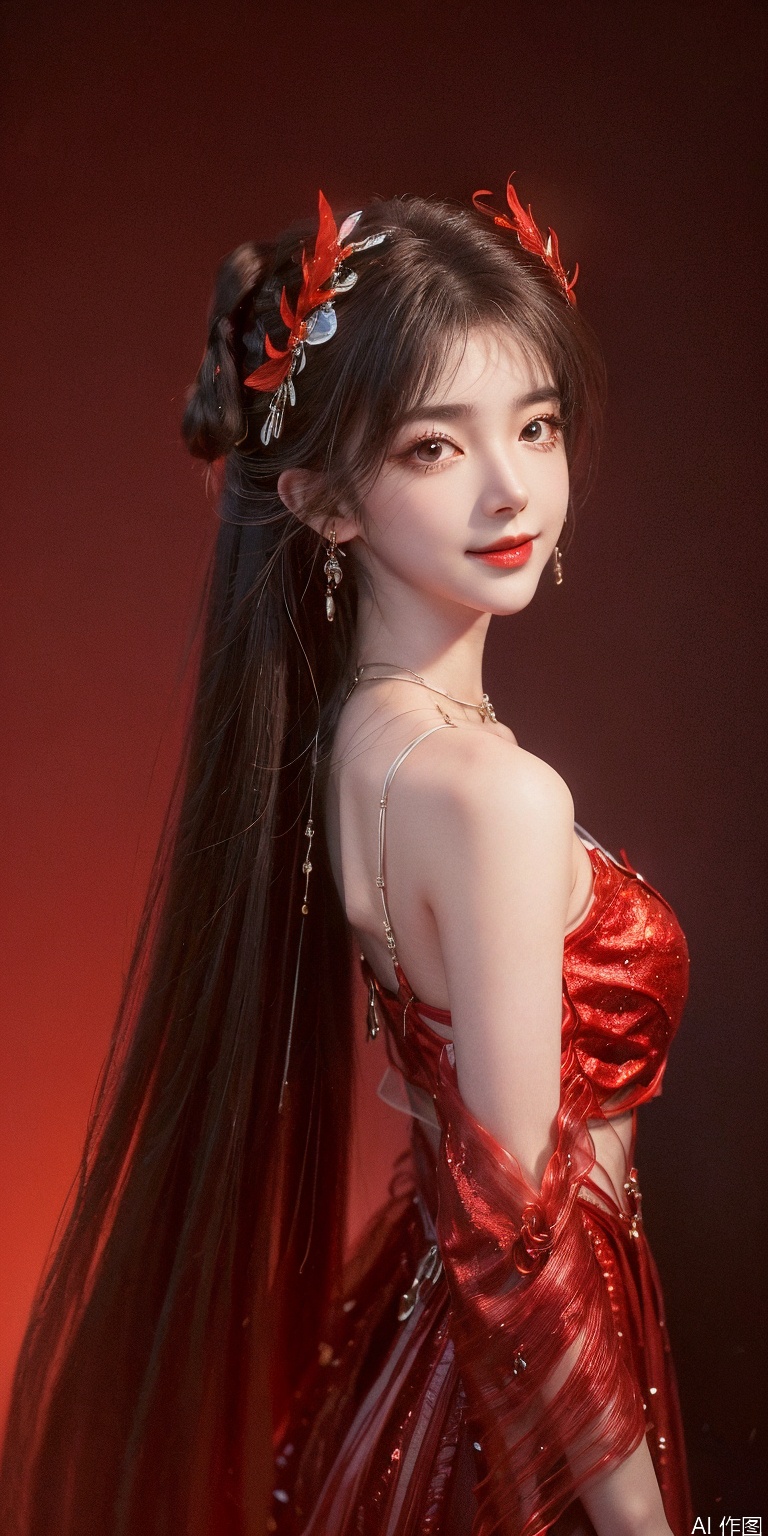 , DSLR Quality,Depth of field ,looking_at_viewer,Dynamic pose, , kind smile,1girl , 8k resolution, Masterpiece quality, High detail. from below, Fantasy theme, cropped. {(1 girl:1.5),(close to viewer:1.8), ((looking at viewer:2), beautiful face, ), ((worm's eye shot:1.2)),perspective distortion}, (Panoramic view, fisheye lens effect:1.1). {(Strong backlighting, underexposure:1.4), (blocked shadows:0.8), depth of field(at 100mm focal length:1.2)}, (horizon:0.7), low key earth. the starry sky feathering into the background, creating a sense of depth and gradient. Incorporating Droste Effect(an endless repetition and reflection:1.2). Surrounded by fluttering rose petals, reflected or casting dramatic shadows and highlights, {(meteor shower, planets:1.1), (Vermilion Comet:1.3)}. mesmerizing effect, a dreamlike ambiance of infinity. A vortex of rose petals, a starry sky vortex, , as, vortex, tyjf,huolinger,brown hair,hair ornament,red dress