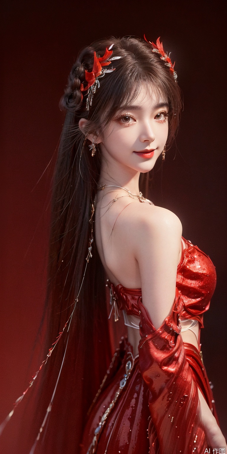 , DSLR Quality,Depth of field ,looking_at_viewer,Dynamic pose, , kind smile,1girl , 8k resolution, Masterpiece quality, High detail. from below, Fantasy theme, cropped. {(1 girl:1.5),(close to viewer:1.8), ((looking at viewer:2), beautiful face, ), ((worm's eye shot:1.2)),perspective distortion}, (Panoramic view, fisheye lens effect:1.1). {(Strong backlighting, underexposure:1.4), (blocked shadows:0.8), depth of field(at 100mm focal length:1.2)}, (horizon:0.7), low key earth. the starry sky feathering into the background, creating a sense of depth and gradient. Incorporating Droste Effect(an endless repetition and reflection:1.2). Surrounded by fluttering rose petals, reflected or casting dramatic shadows and highlights, {(meteor shower, planets:1.1), (Vermilion Comet:1.3)}. mesmerizing effect, a dreamlike ambiance of infinity. A vortex of rose petals, a starry sky vortex, , as, vortex, tyjf,huolinger,brown hair,hair ornament,red dress