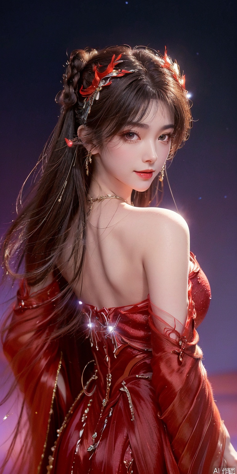 , DSLR Quality,Depth of field ,looking_at_viewer,Dynamic pose, , kind smile,1girl , 8k resolution, Masterpiece quality, High detail. from below, Fantasy theme, cropped. {(1 girl:1.5),(close to viewer:1.8), ((looking at viewer:2), beautiful face, ), ((worm's eye shot:1.2)),perspective distortion}, (Panoramic view, fisheye lens effect:1.1). {(Strong backlighting, underexposure:1.4), (blocked shadows:0.8), depth of field(at 100mm focal length:1.2)}, (horizon:0.7), low key earth. the starry sky feathering into the background, creating a sense of depth and gradient. Incorporating Droste Effect(an endless repetition and reflection:1.2). Surrounded by fluttering rose petals, reflected or casting dramatic shadows and highlights, {(meteor shower, planets:1.1), (Vermilion Comet:1.3)}. mesmerizing effect, a dreamlike ambiance of infinity. A vortex of rose petals, a starry sky vortex, , as, vortex, tyjf,huolinger,brown hair,hair ornament,red dress