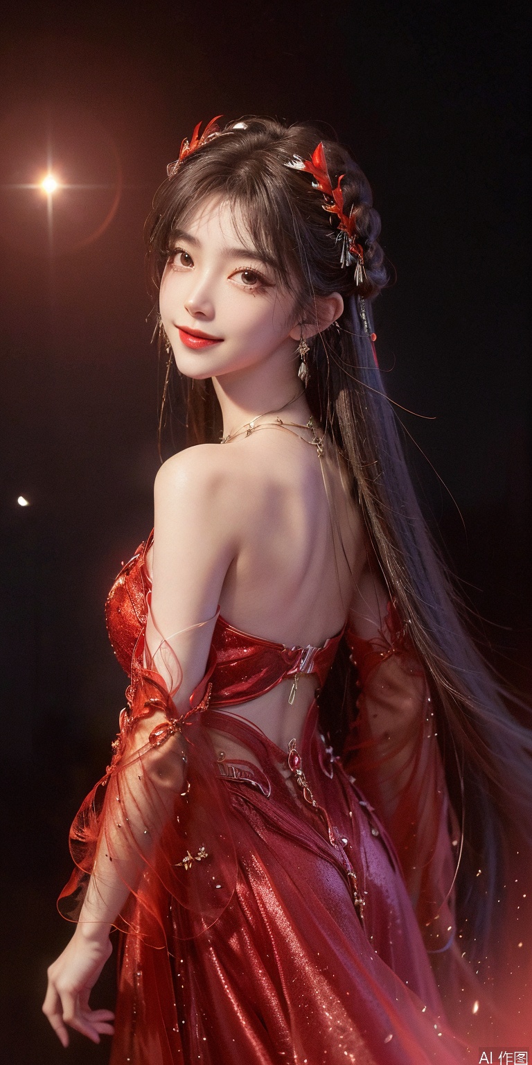 , DSLR Quality,Depth of field ,looking_at_viewer,Dynamic pose, , kind smile,1girl , 8k resolution, Masterpiece quality, High detail. from below, Fantasy theme, cropped. {(1 girl:1.5),(close to viewer:1.8), ((looking at viewer:2), beautiful face, ), ((worm's eye shot:1.2)),perspective distortion}, (Panoramic view, fisheye lens effect:1.1). {(Strong backlighting, underexposure:1.4), (blocked shadows:0.8), depth of field(at 100mm focal length:1.2)}, (horizon:0.7), low key earth. the starry sky feathering into the background, creating a sense of depth and gradient. Incorporating Droste Effect(an endless repetition and reflection:1.2). Surrounded by fluttering rose petals, reflected or casting dramatic shadows and highlights, {(meteor shower, planets:1.1), (Vermilion Comet:1.3)}. mesmerizing effect, a dreamlike ambiance of infinity. A vortex of rose petals, a starry sky vortex, , as, vortex, tyjf,huolinger,brown hair,hair ornament,red dress