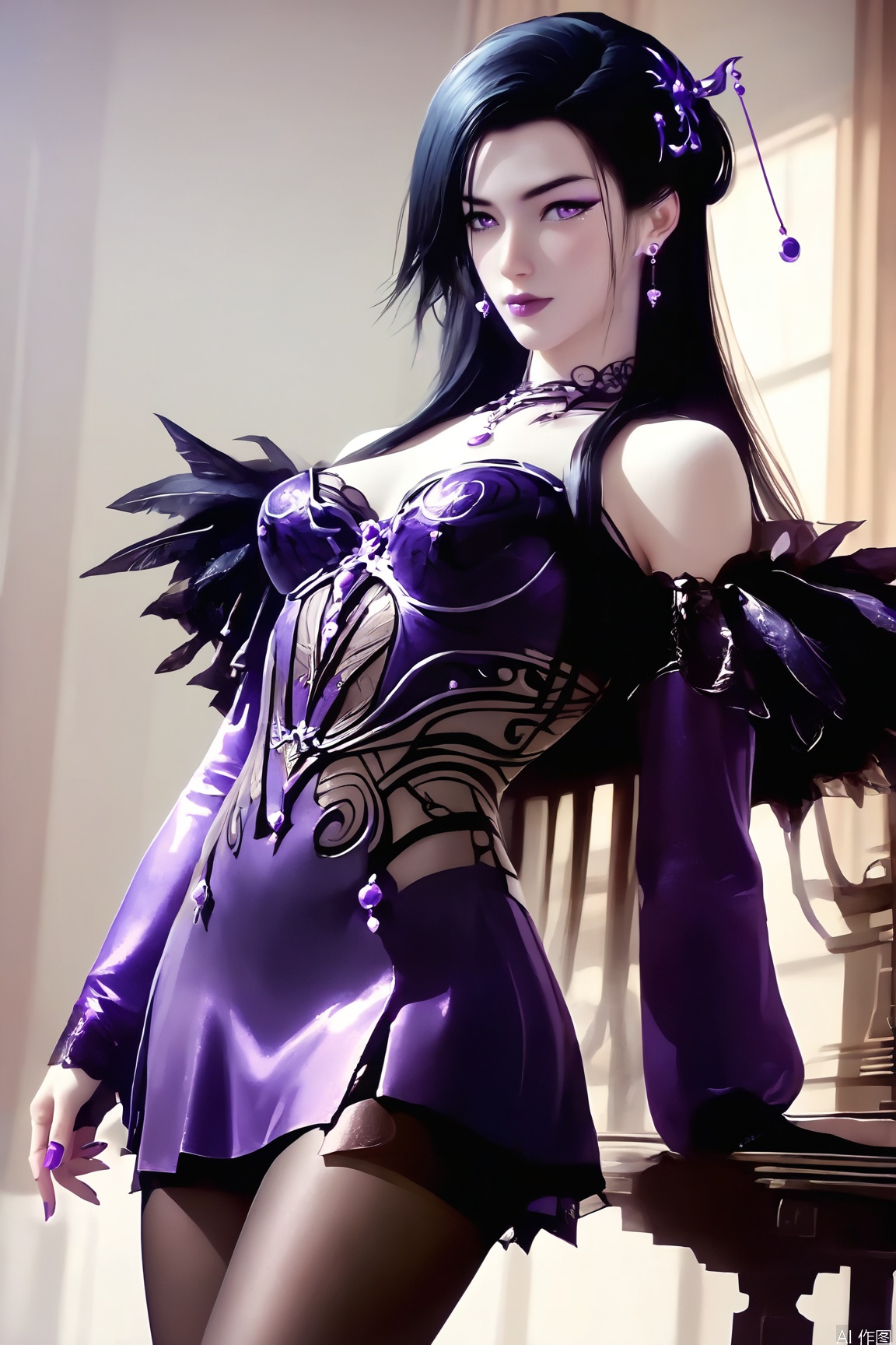 score_9_up,score_8_up,score_7_up,(Masterpiece, Best Quality, High Resolution, 8K Raw),absurdres, highres, Expressiveh,illustration,CG,
1girl, solo, long hair, black hair, hair ornament, dress, bare shoulders, jewelry, purple eyes, pantyhose, earrings, detached sleeves, nail polish, purple dress, purple nails