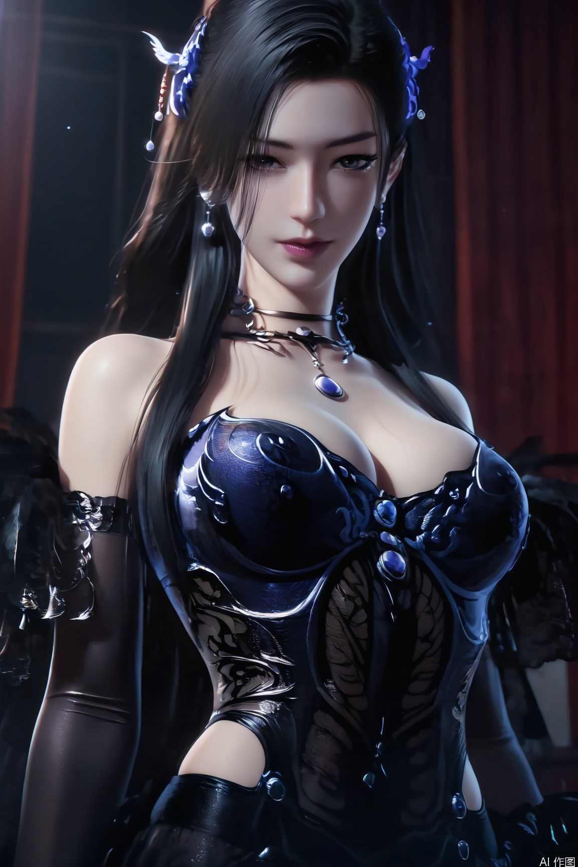 score_9_up,score_8_up,score_7_up,(Masterpiece, Best Quality, High Resolution, 8K Raw),absurdres, highres, Expressiveh,illustration,CG,
1girl, solo, long hair, breasts, looking at viewer, black hair, hair ornament, gloves, dress, cleavage, bare shoulders, jewelry, upper body, earrings, choker, elbow gloves, necklace