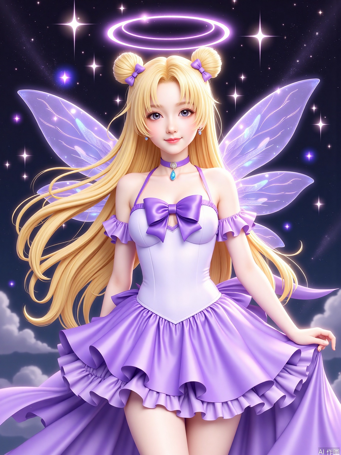 The image depicts a fairy character with long blonde hair styled into two buns, each adorned with a purple bow. She is wearing a white bodice with a large purple bow and a matching purple skirt with ruffles. The fairy has delicate wings that are translucent and shimmering, and she is surrounded by a magical aura with glowing stars and a circular halo effect. The background is a dark, starry sky, enhancing the mystical atmosphere.