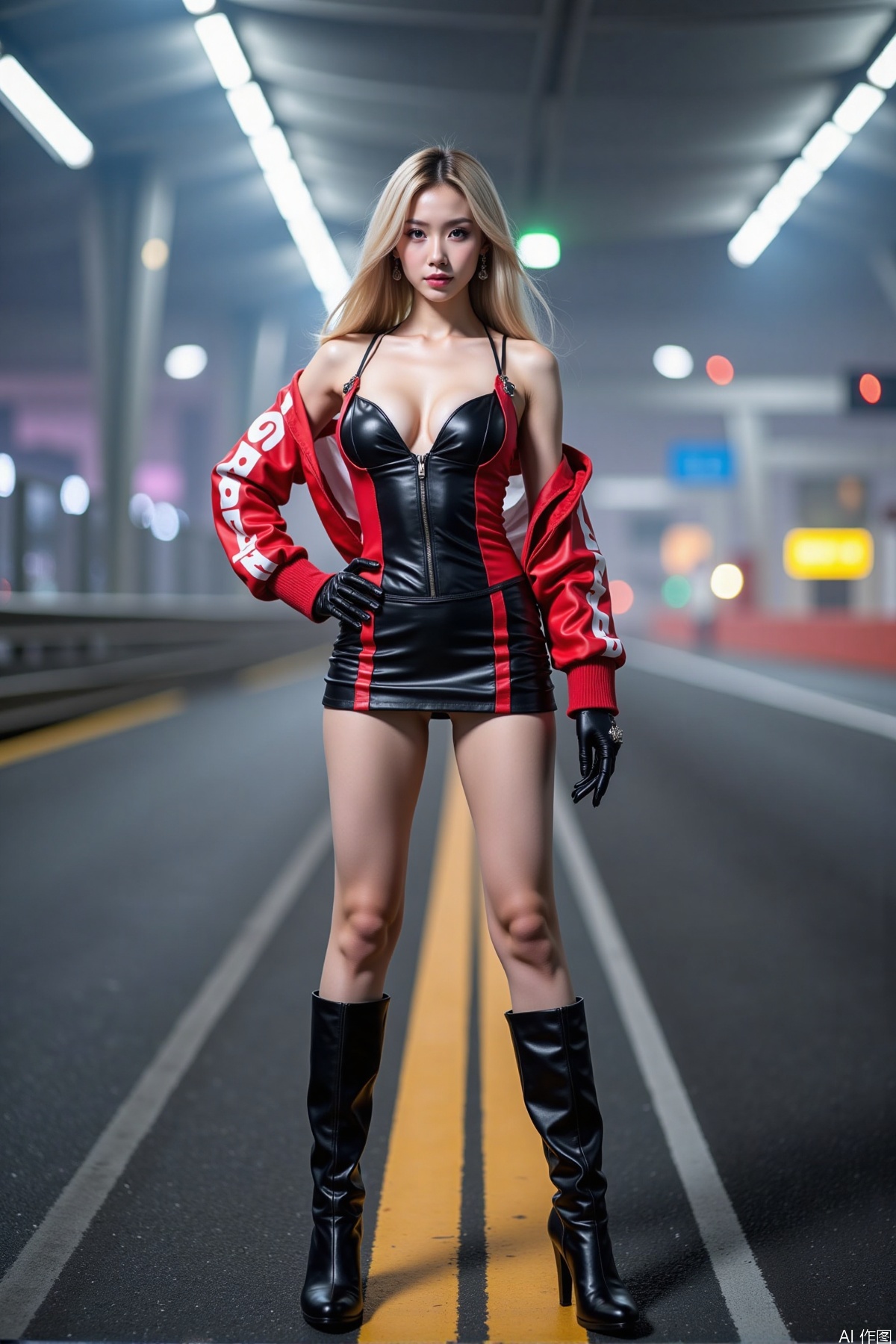 Realistic photo, one young woman, long hair, fair skin, big breasts, racing costume, two tone gloves, short leather skirt, long legs, high heeled boots, standing, luxury race track, cyberpunk city background,