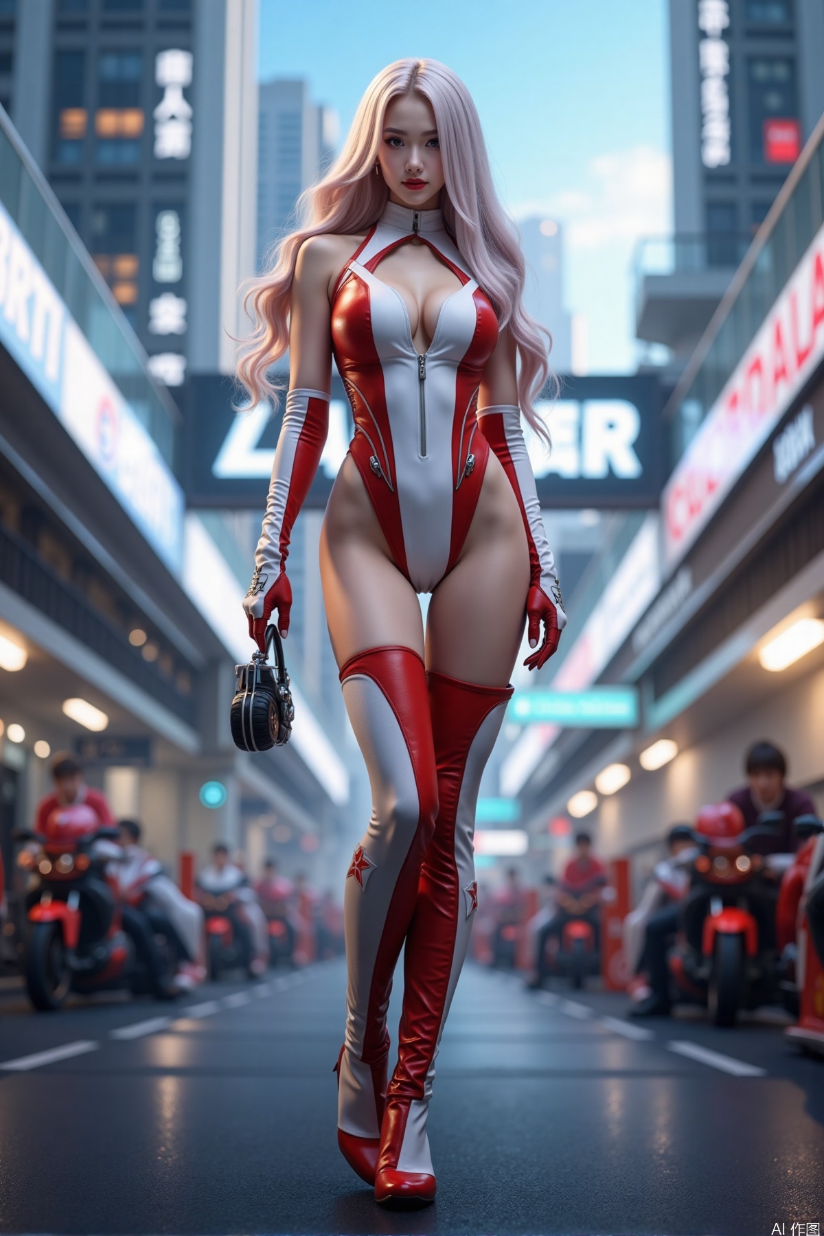 Realistic photo, one young woman, long hair, fair skin, big breasts, racing costume, two tone gloves, long legs, high heeled boots, standing, luxury race track, cyberpunk city background,