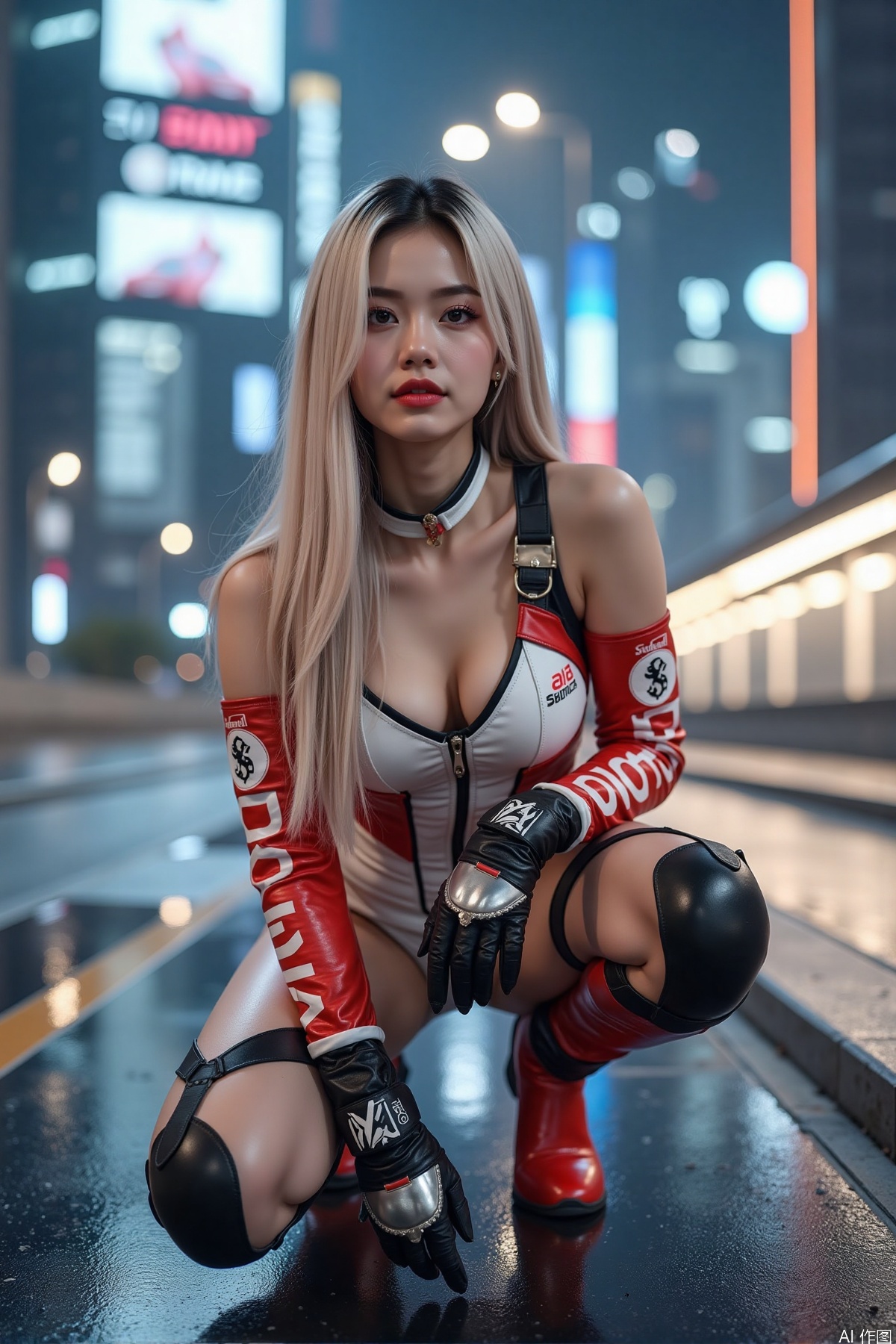 Realistic photo, one young woman, long hair, fair skin, big breasts, racing costume, two tone gloves, long legs, high heeled boots, squatting, luxury race track, cyberpunk city background,