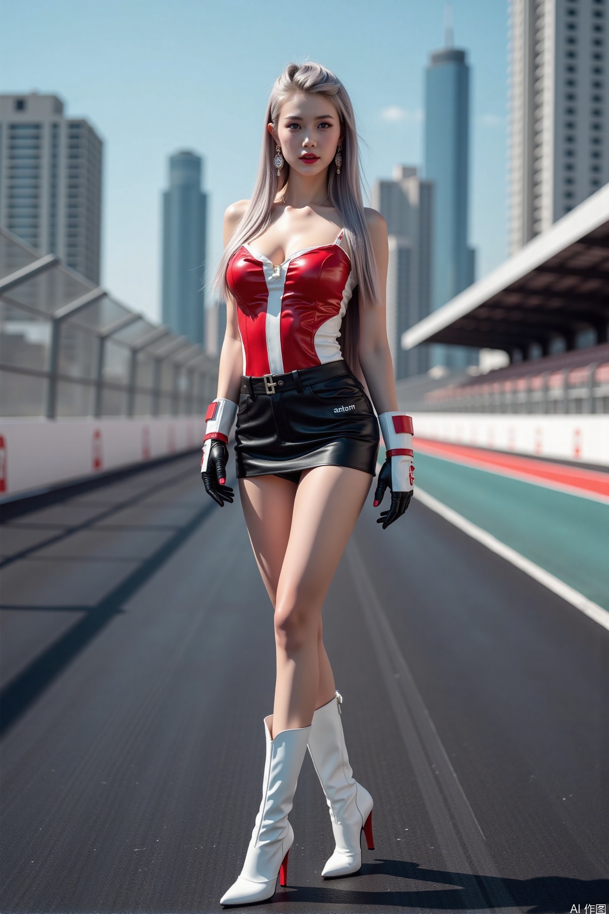 Realistic photo, one young woman, long hair, fair skin, big breasts, racing costume, two tone gloves, short leather skirt, long legs, high heeled boots, standing, luxury race track, cyberpunk city background,