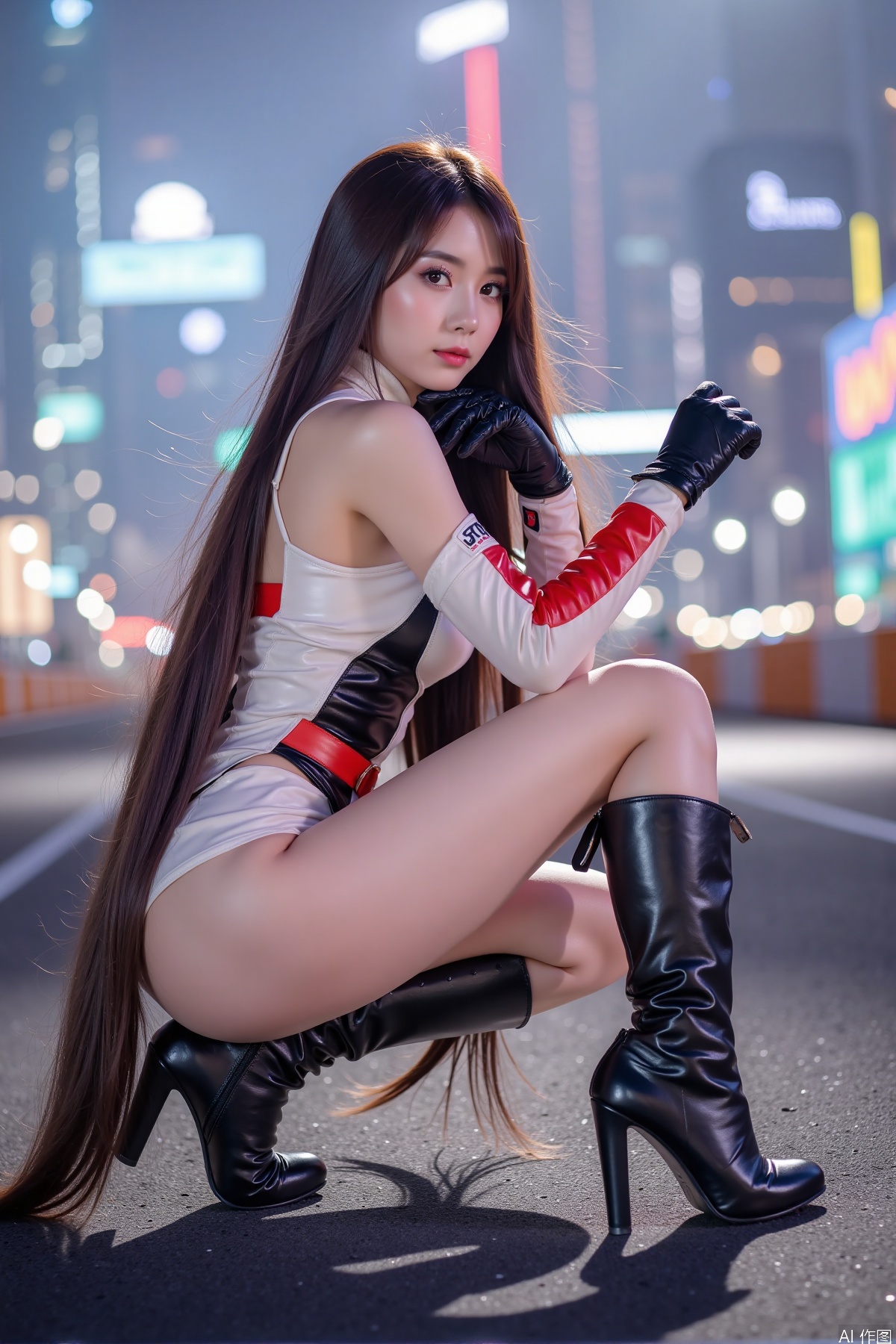 Realistic photo, one young woman, long hair, fair skin, big breasts, racing costume, two tone gloves, long legs, high heeled boots, squatting, luxury race track, cyberpunk city background,