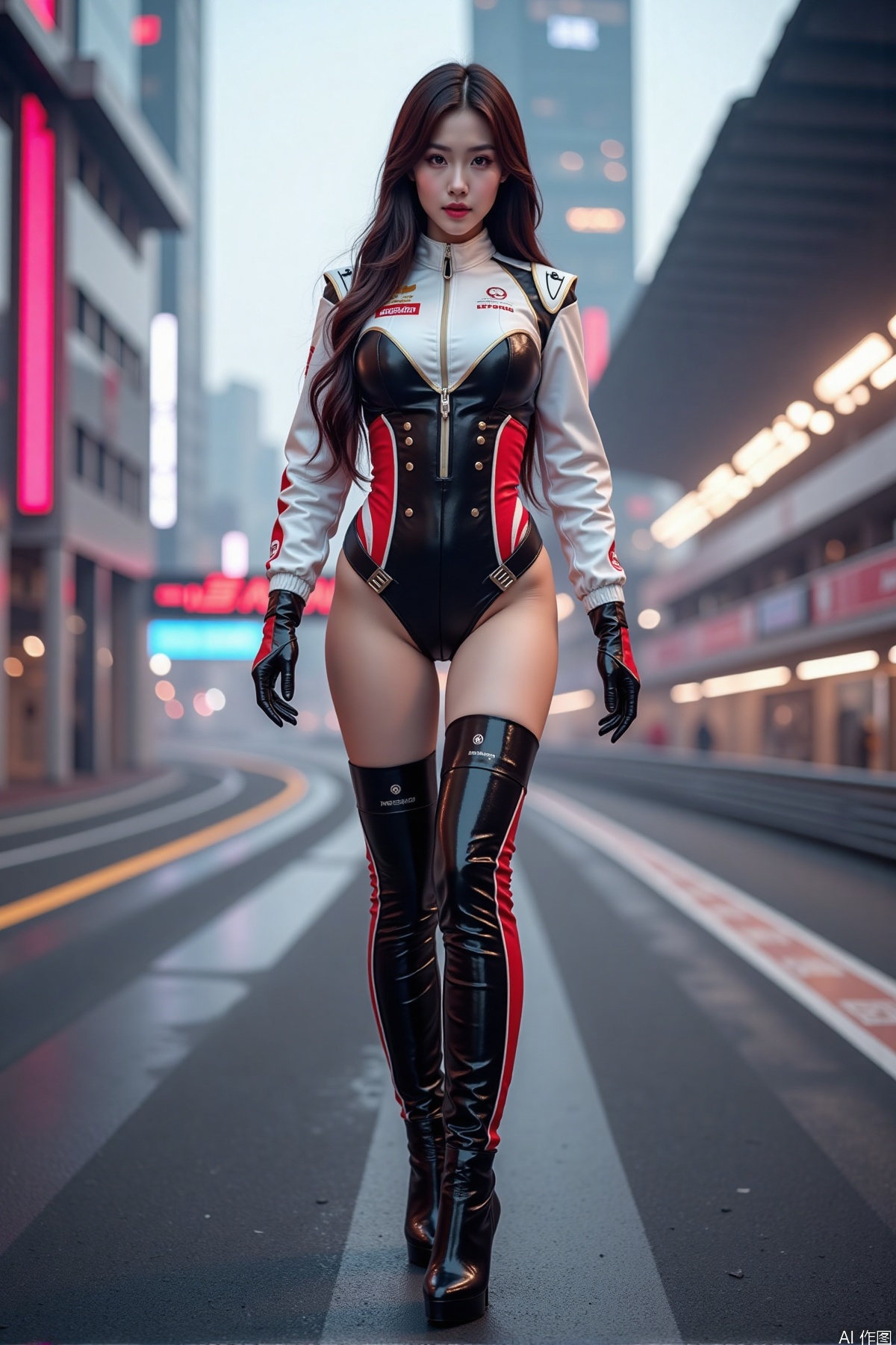 Realistic photo, one young woman, long hair, fair skin, big breasts, racing costume, two tone gloves, long legs, high heeled boots, standing, luxury race track, cyberpunk city background,