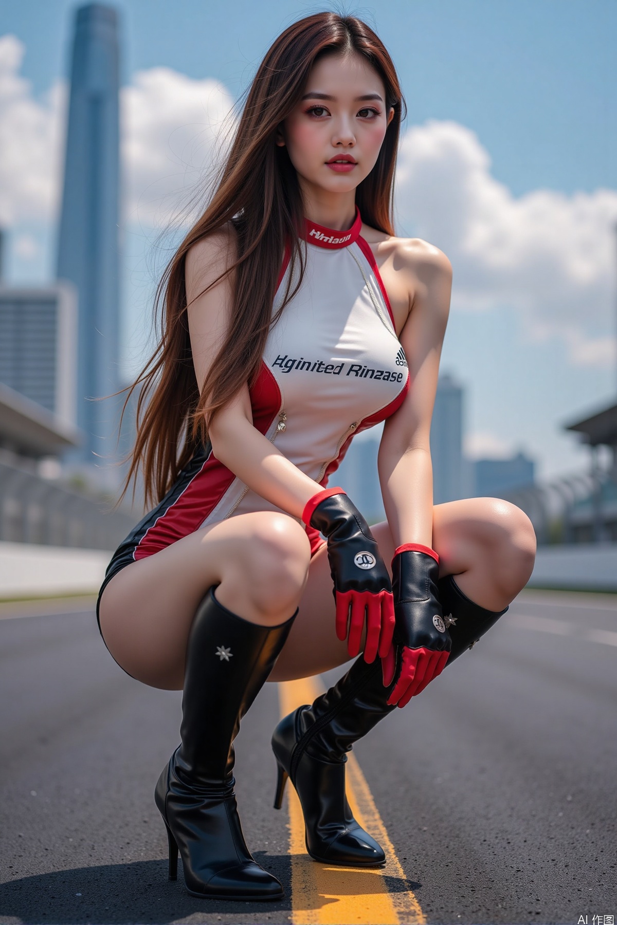 Realistic photo, one young woman, long hair, fair skin, big breasts, racing costume, two tone gloves, long legs, high heeled boots, squatting, luxury race track, cyberpunk city background,