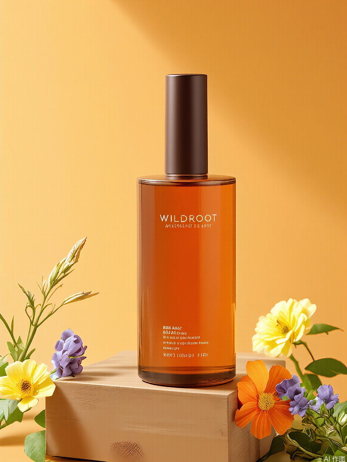HHCJ, Visual of a tall amber bottle of WildRoot hair serum, standing on a wooden crate, surrounded by wildflowers and wheatgrass. The bottle is marked "WildRoot" with "Nourishing Serum" in deep brown. The background is a warm honey hue, with a mix of yellow, orange, and purple wildflowers. Natural, golden light emphasizes the serum’s amber tone and the rustic setting.