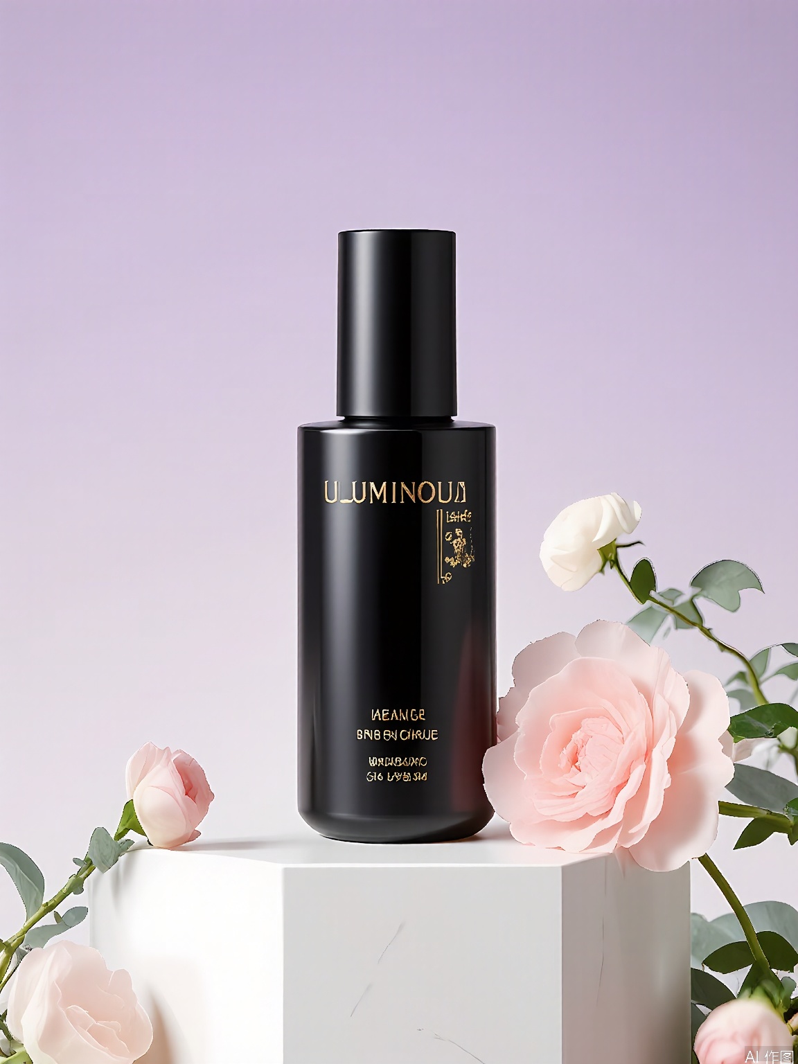 HHCJ, Photograph of a sleek black bottle of Luminova serum, positioned on a marble pedestal, encircled by blush pink peonies and eucalyptus branches. The bottle bears the label "Luminova" with "Hydrating Serum" in gold lettering. The backdrop is a misty lavender hue, dotted with soft pink petals and silver-green foliage. Gentle, diffused lighting accentuates the serum’s glossy finish and the flowers’ velvety textures.