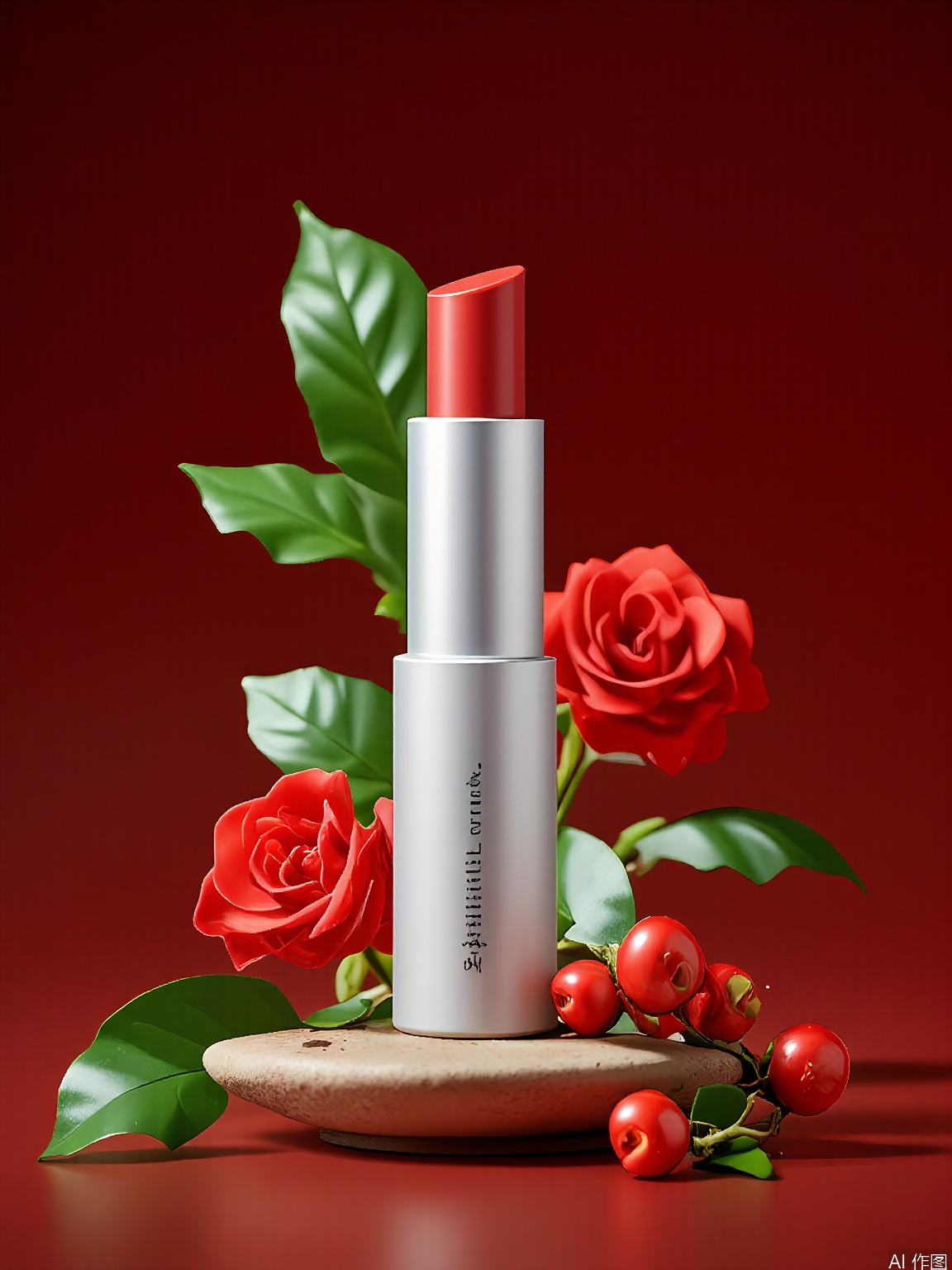 HHCJ, Visual of a matte silver tube of VelvetLuxe lipstick, perched on a ceramic dish, flanked by deep red roses and holly berries. The tube is stamped with "VelvetLuxe" and "Matte Lip Color" in bold crimson. The scene unfolds against a rich burgundy backdrop, with glossy green leaves adding contrast. Warm, ambient lighting enhances the lipstick’s metallic sheen and the berries’ vibrant hues.