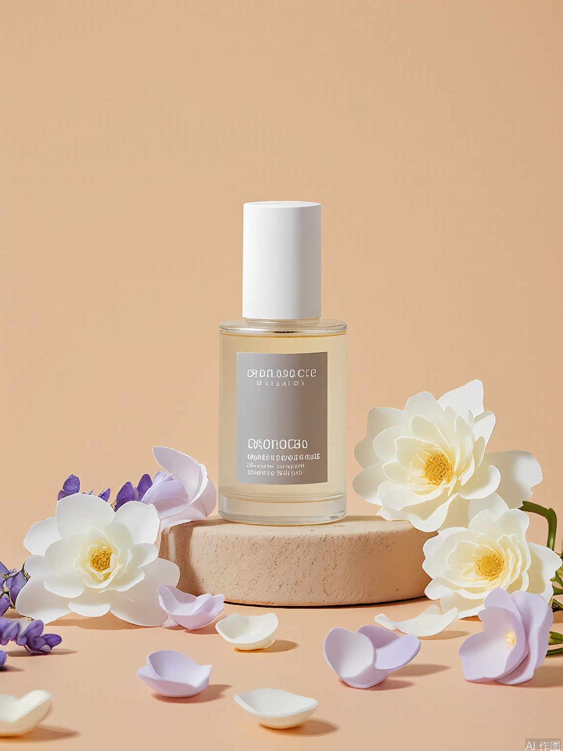 HHCJ, Image of a glass rollerball of ZenEssence essential oil, placed on a sandstone coaster, encircled by lavender and German chamomile. The bottle is labeled "ZenEssence" with "Calming Oil" in slate gray. The background is a muted beige, adorned with soft purple and white petals. Soft, indirect lighting creates a serene ambiance around the oil and botanicals.