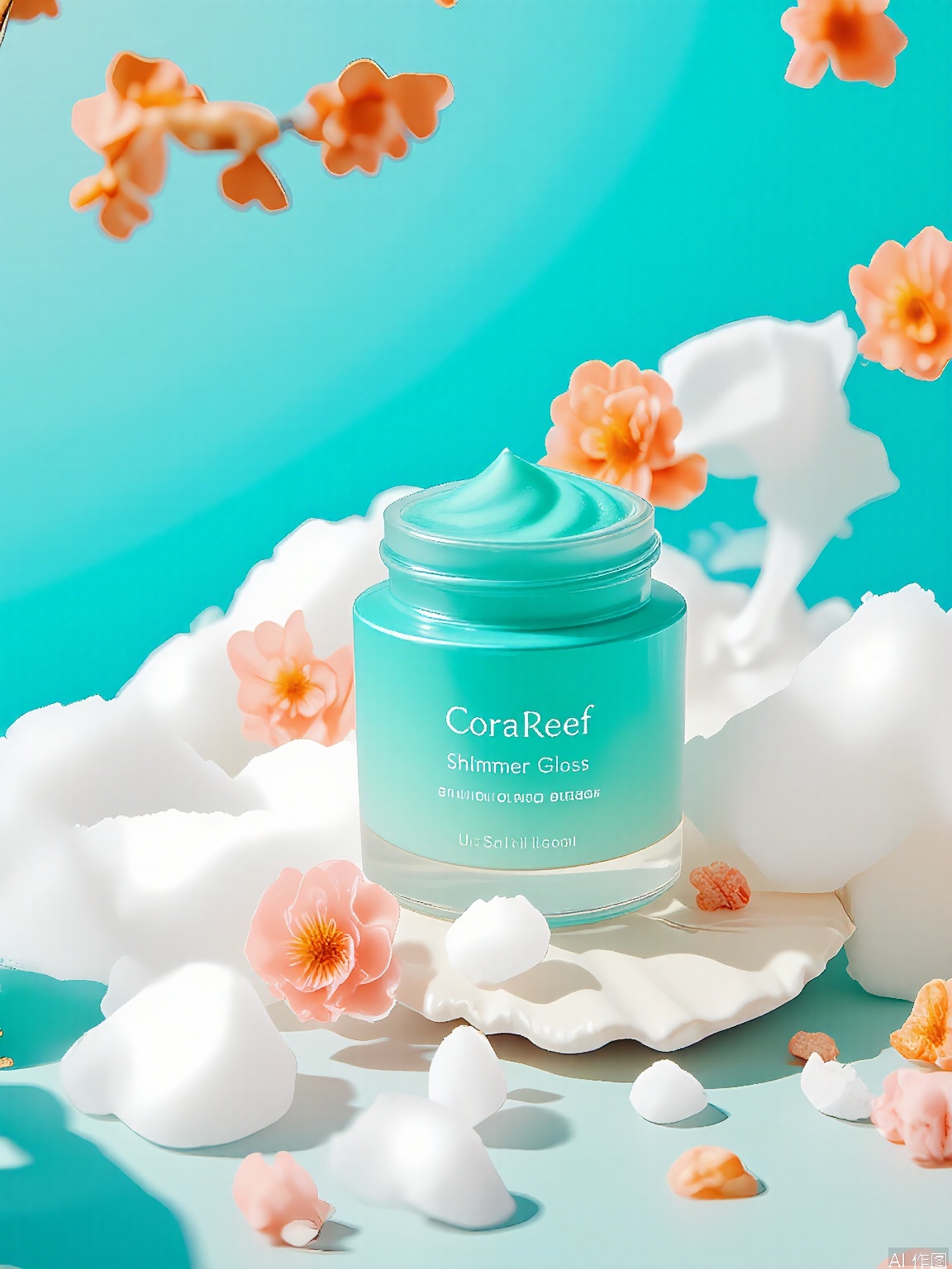 HHCJ, Rendering of a turquoise tube of CoralReef lip gloss, standing on a seashell dish, encircled by coral fragments and seafoam. The tube reads "CoralReef" with "Shimmer Gloss" in white. The backdrop is a cool teal, adorned with pink and orange coral pieces and frothy white waves. Underwater-inspired lighting gives the gloss a luminous, aquatic sheen.
