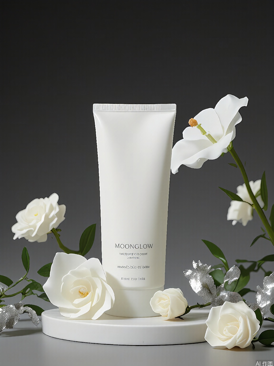 HHCJ, Capture of a pearlescent tube of MoonGlow night cream, resting on a moonstone plate, surrounded by white calla lilies and silver dollar eucalyptus. The tube is inscribed with "MoonGlow" and "Nourishing Cream" in iridescent silver. The backdrop is a deep charcoal gray, accented with ghostly white blooms and metallic foliage. Dim, moody lighting evokes a sense of lunar tranquility.