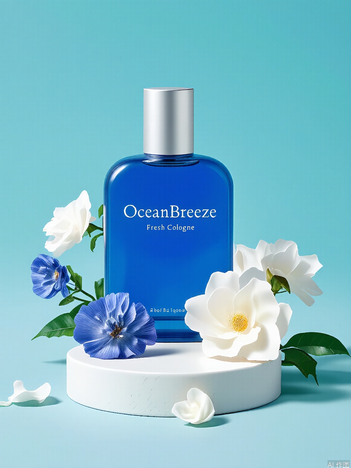 HHCJ, Rendering of a cobalt blue bottle of OceanBreeze cologne, standing on a seashell-adorned stand, surrounded by sea lavender and coral bells. The bottle bears "OceanBreeze" with "Fresh Cologne" in silver. The backdrop is a cool aqua, dotted with indigo blossoms and silver-gray leaves. Natural, coastal light accentuates the bottle’s glassy finish and the ocean-inspired palette.