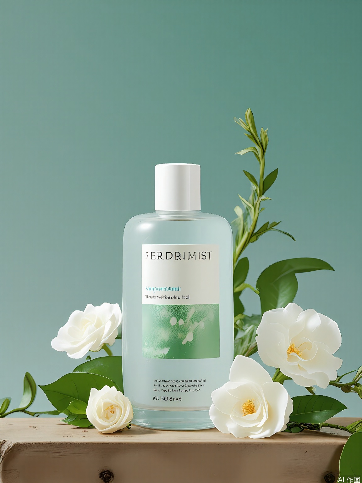 HHCJ, Snapshot of a frosted glass bottle of VerdantMist toner, placed on a rustic wooden shelf, surrounded by sprigs of rosemary and white orchids. The label reads "VerdantMist" with "Soothing Toner" in deep forest green. The background is a muted teal, adorned with dewy green leaves and ivory blooms. Natural, filtered light emphasizes the bottle’s translucent texture and the freshness of the botanicals.