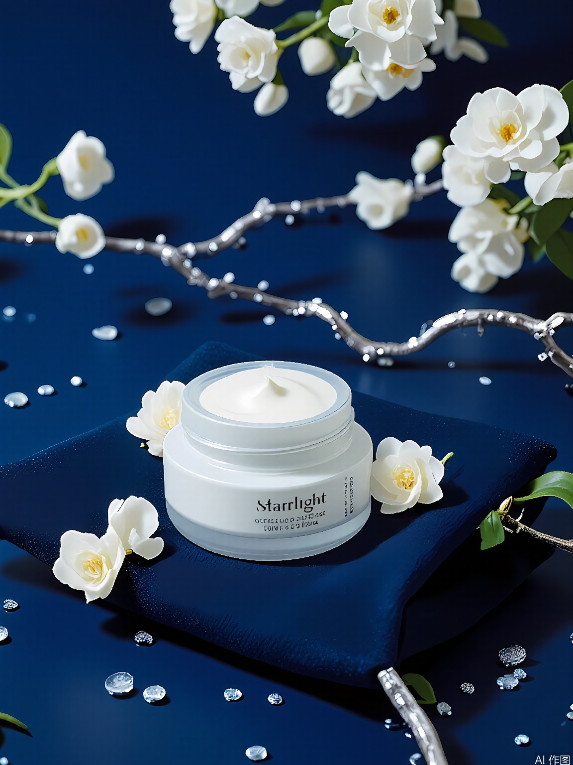 HHCJ, Capture of a mirrored compact of Starlight primer, lying on a velvet pouch, beside a cluster of white star jasmine and silver vines. The compact features "Starlight" with "Luminizing Primer" in silver glitter. The backdrop is a midnight blue, dotted with tiny white stars and metallic silver tendrils. Twinkling fairy lights create an ethereal, celestial effect.