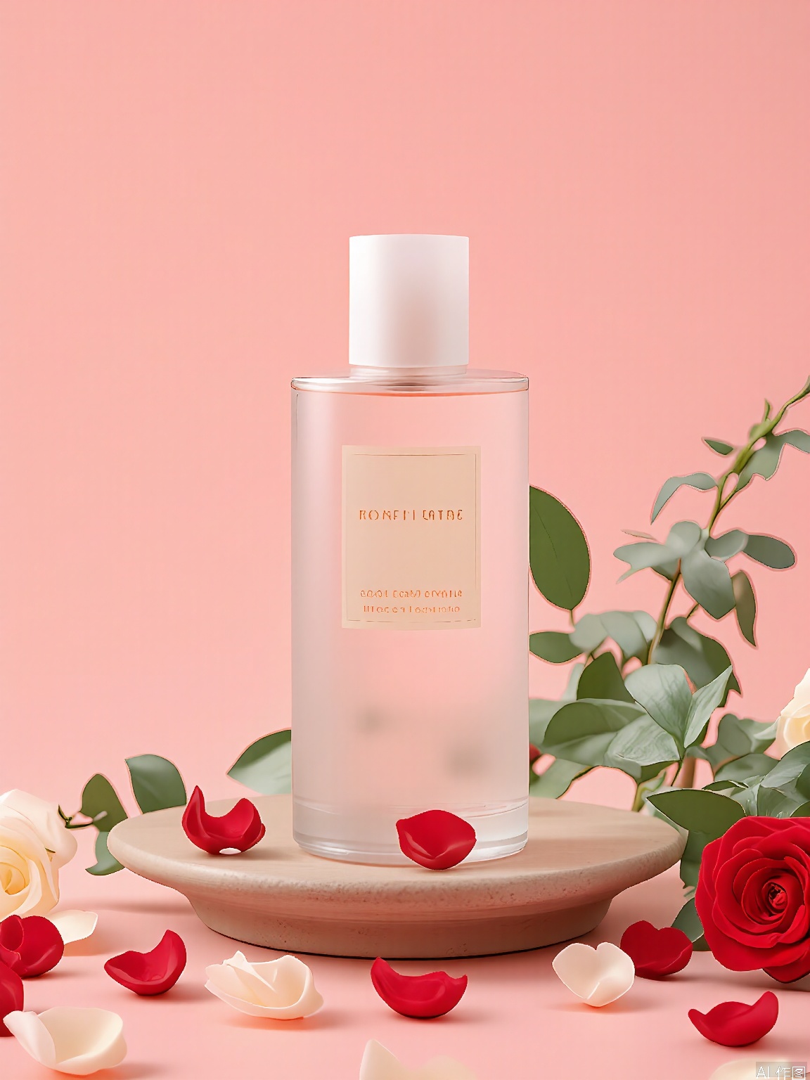 HHCJ, Depiction of a frosted pink bottle of RosePetal perfume, perched on a vintage tray, amidst rose petals and eucalyptus branches. The bottle is labeled "RosePetal" with "Floral Fragrance" in gold. The backdrop is a soft blush pink, scattered with crimson rose petals and silver-green leaves. Soft, candlelit glow enhances the perfume’s delicate scent and romantic aesthetic.
