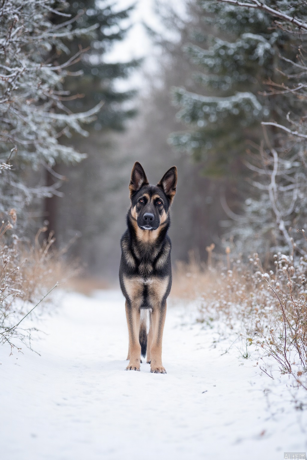 The image shows a German Shepherd dog standing in a snowy forest path. The dog has a black and tan coat and is looking directly at the camera. The path is covered with snow, and the surrounding trees are also dusted with snow, creating a wintery scene. The background is slightly blurred, emphasizing the dog in the foreground.